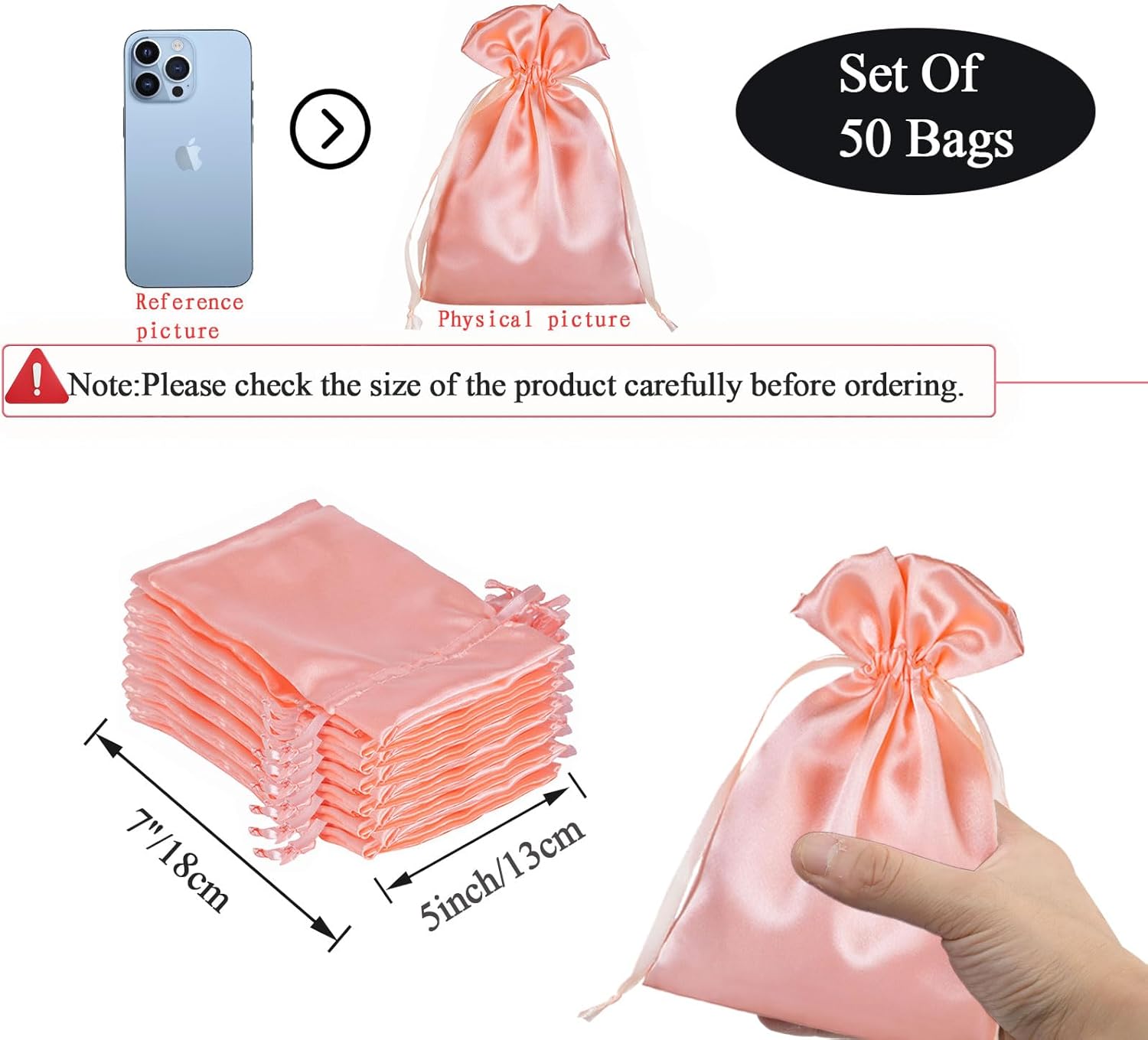 50 Pack 5X7 Coral Pink Satin Bags Small Gift Bags, Jewelry Drawstring Pouch, Wedding Favor Bags, Baby Shower Bags, Party Favor Bags,Satin Gift Bags - Image 2