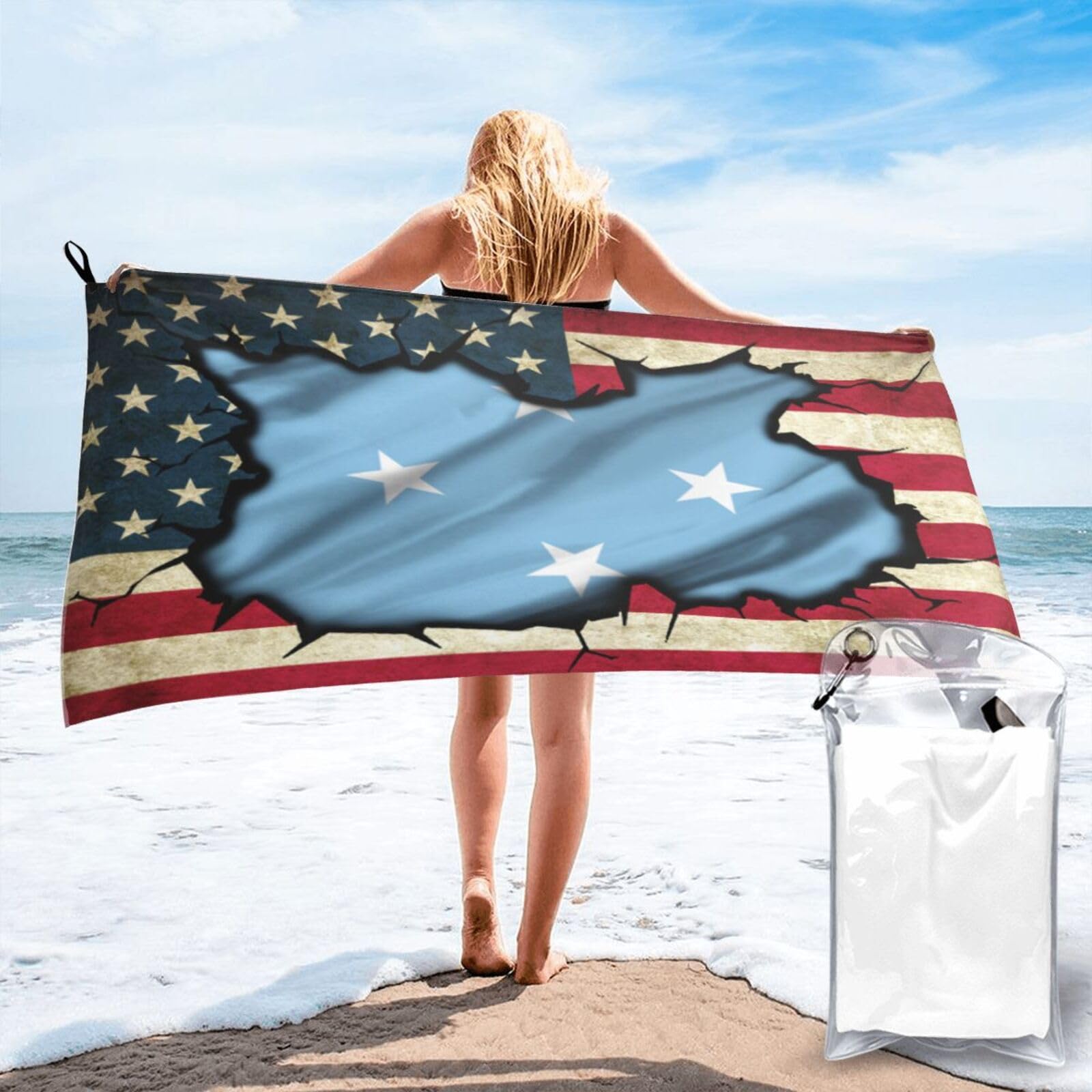 HACXZ Vintage America Flag and Micronesia Micronesian Flag Absorbent Beach Towel Microfiber Beach Towel Lightweight 27.5"X55"