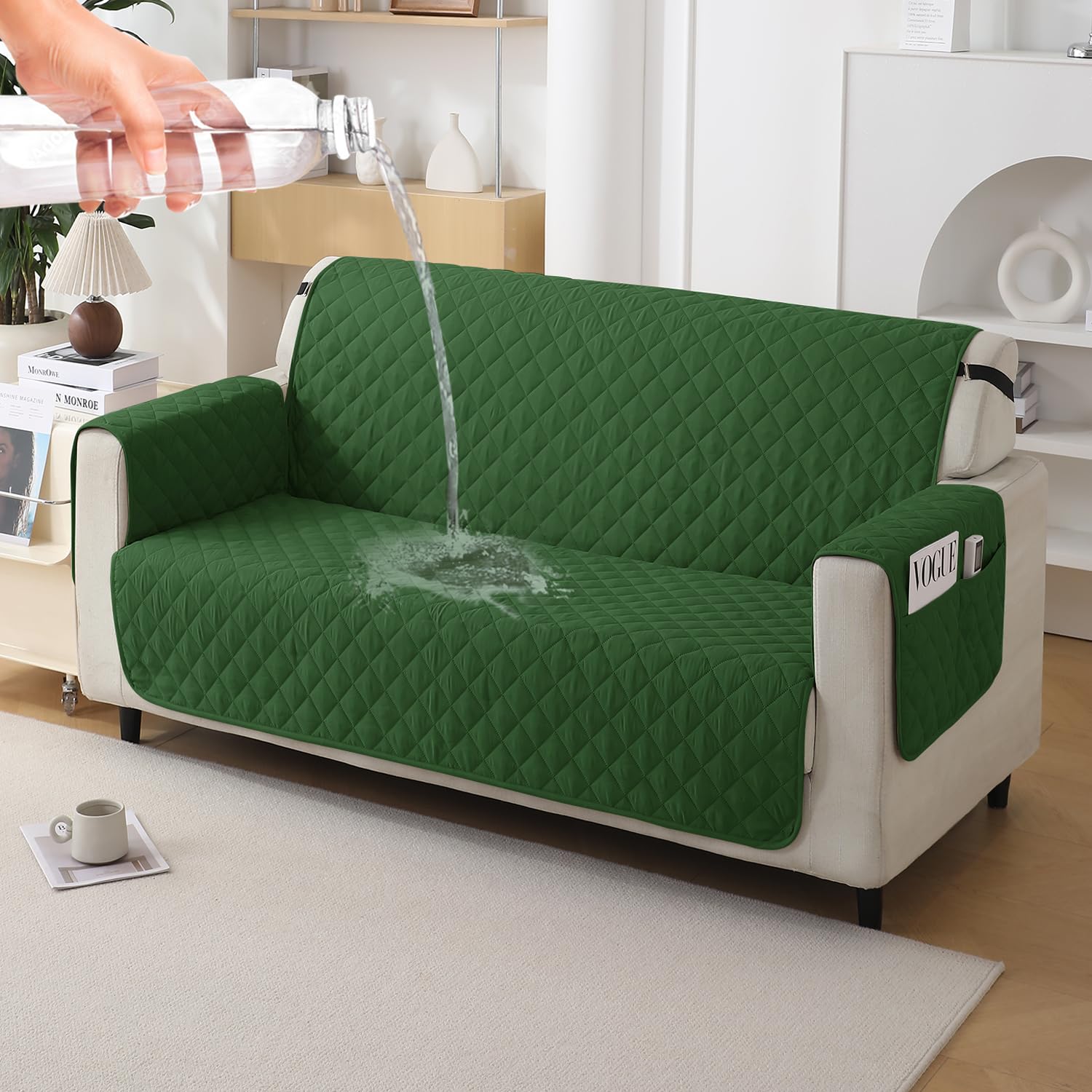 HOKIPO Polyester Quilted Sofa Mat With Bottom Waterproof Layer With Side Pockets, 175(D) X 160(L) Cm, Forest Green(Ar-5142-W8)