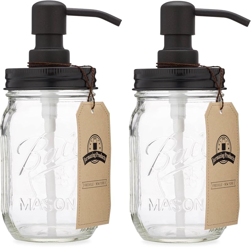 Dispensador de jabón Mason Jar – Negro – con tarro de bola de 16 onzas – Hecho de acero inoxidable a prueba de óxido – Paquete de dos