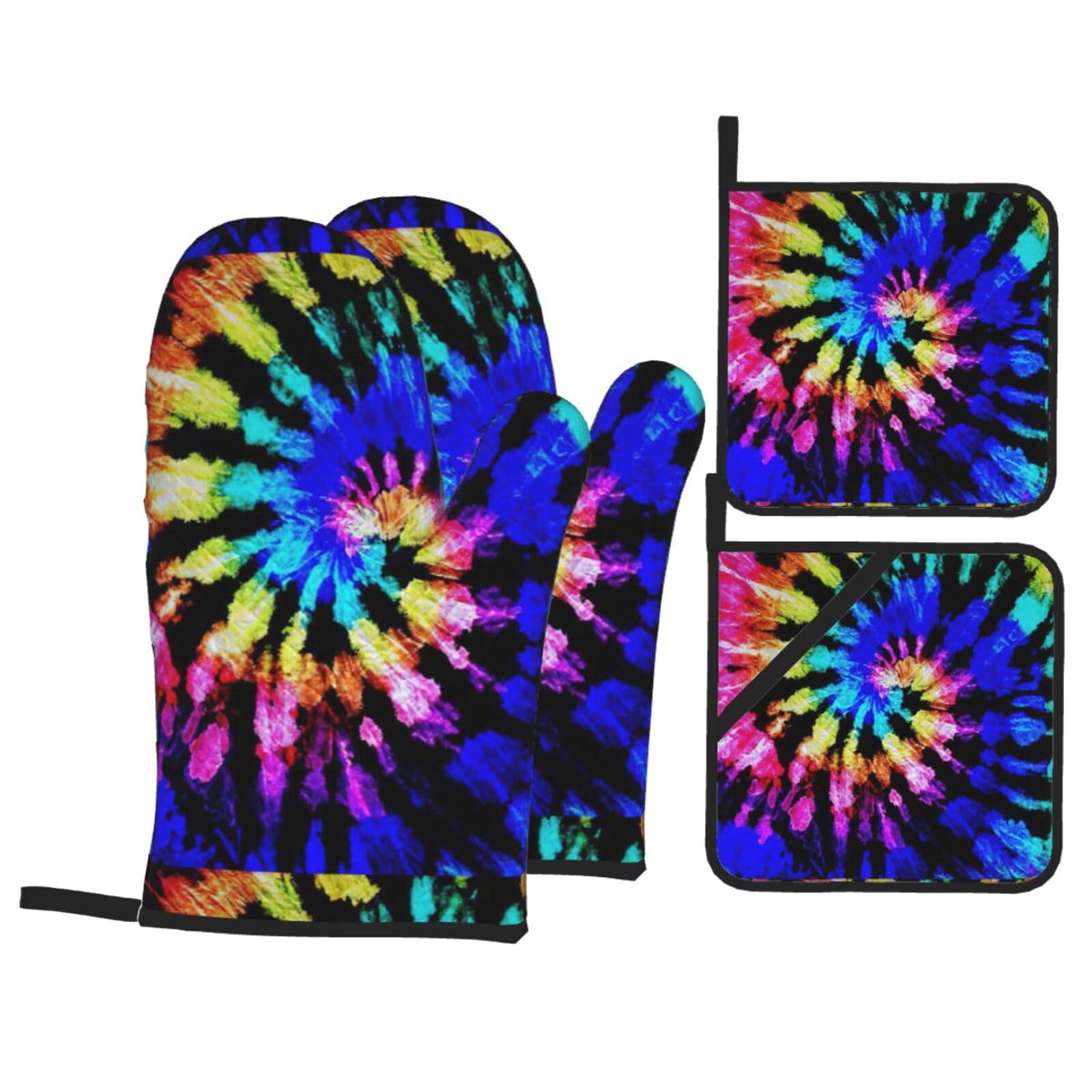 Tie Dye Print Kitchen Oven Mitts And Pot Holders Set,Hanging Loop Design For Cooking Baking Bbq