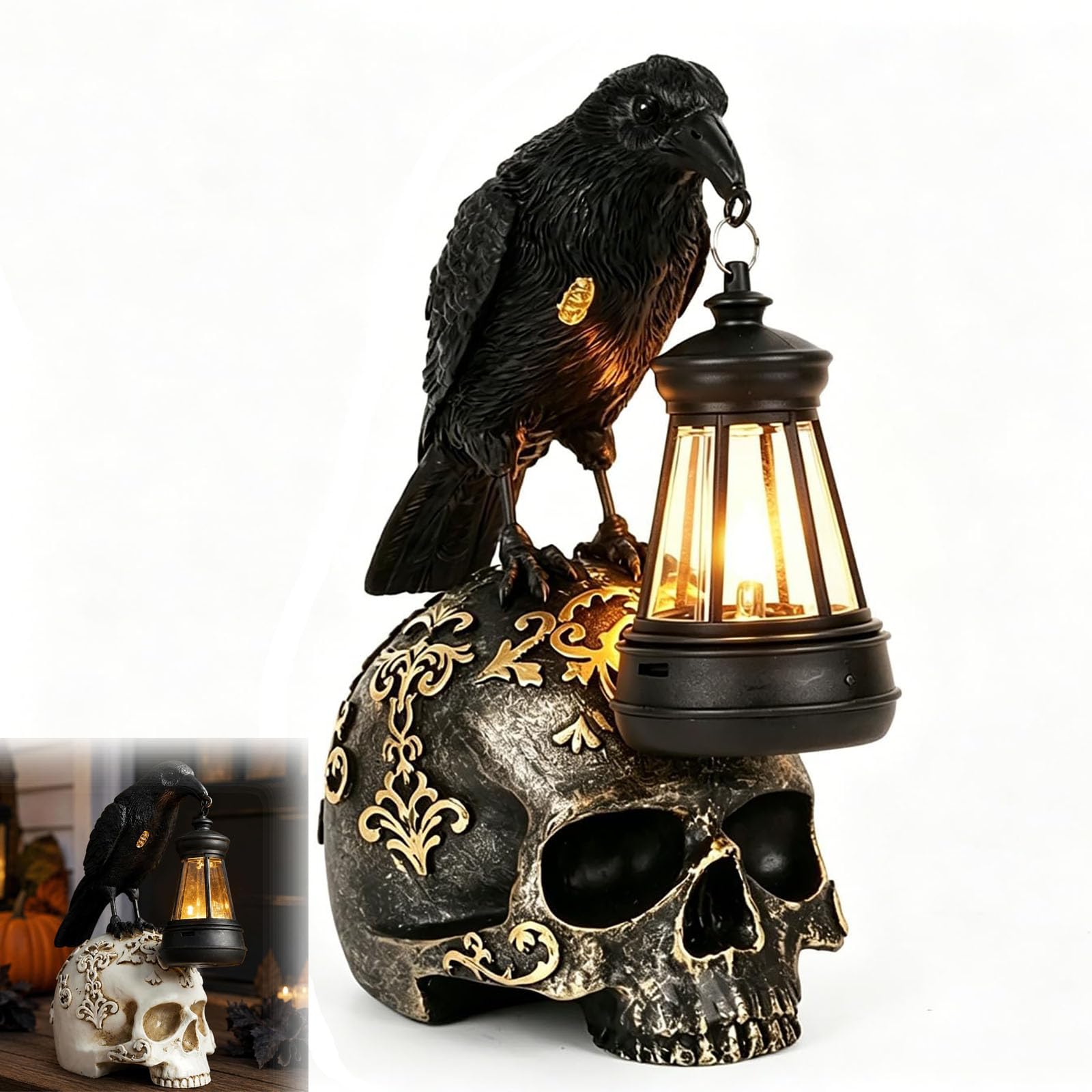 Yacriso Crow Skull Lamp Halloween Decor, Solar Gothic Raven Night Light Resin Statue, Handcrafted Retro Skeleton Lamp, Outdoor Indoor Halloween Decoration for Bedroom Garden Tabletop Gift (Black)