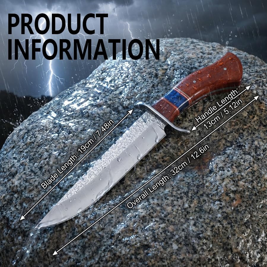 Couteau Outdoor 32cm – Lame Straight-Back avec Finition Marteau, Garde Classique en S en Acier Inox, Poignée Ergonomique en Bois avec Bleu Stabilisé, Compagnon Élégant pour la Nature