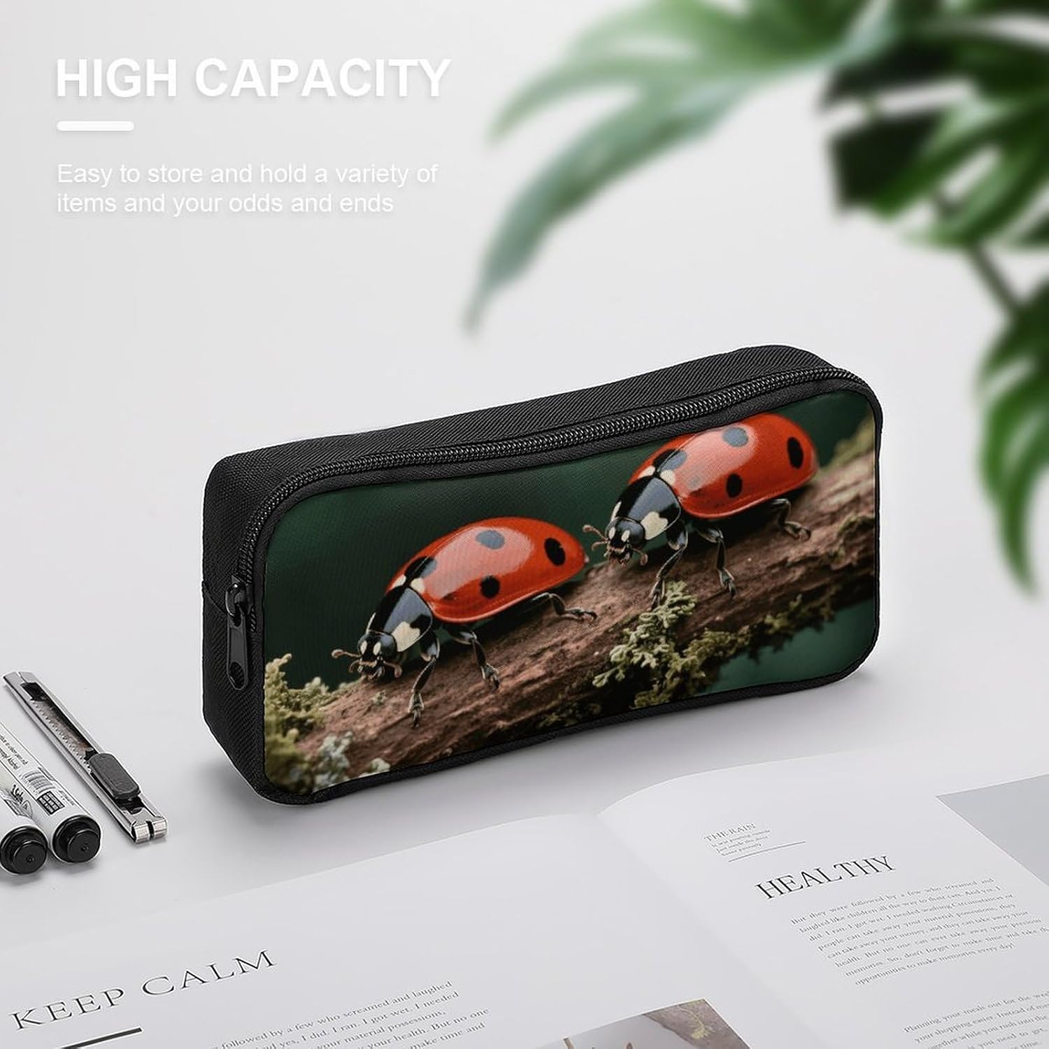 Ladybug Cute Aesthetic Pencil Case Pen Bag for Women Big Capacity Pencil Pouch, Portable Makeup & Stationery Organizer for Office Travel image 4