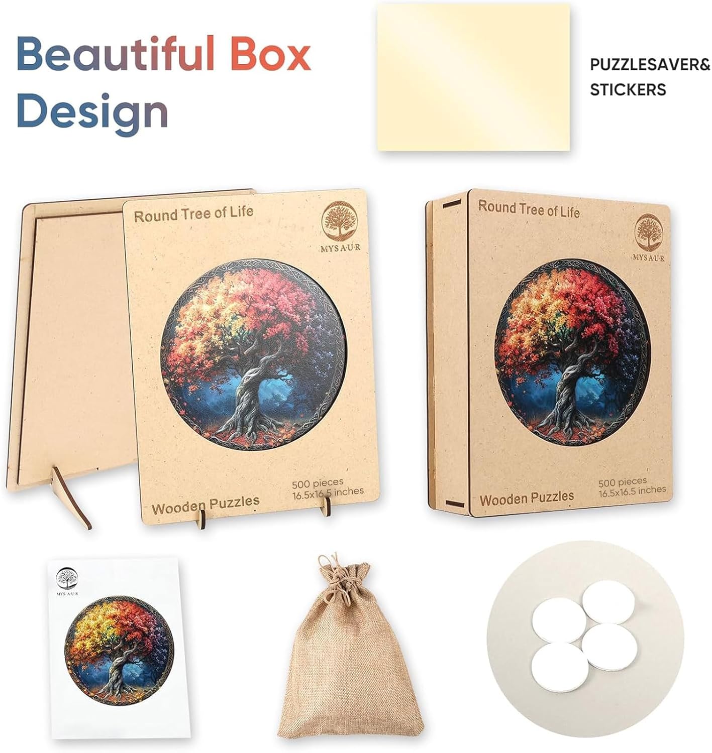 MYS A·U·R Wooden Puzzles for Adults, Round Tree of Life Jigsaw Puzzles 500 Pieces, 16.5x16.5in, Royal, Fun Challenging Unique Shaped Wood Plant Puzzles, Creative Gifts for Adults and Kids Family Game