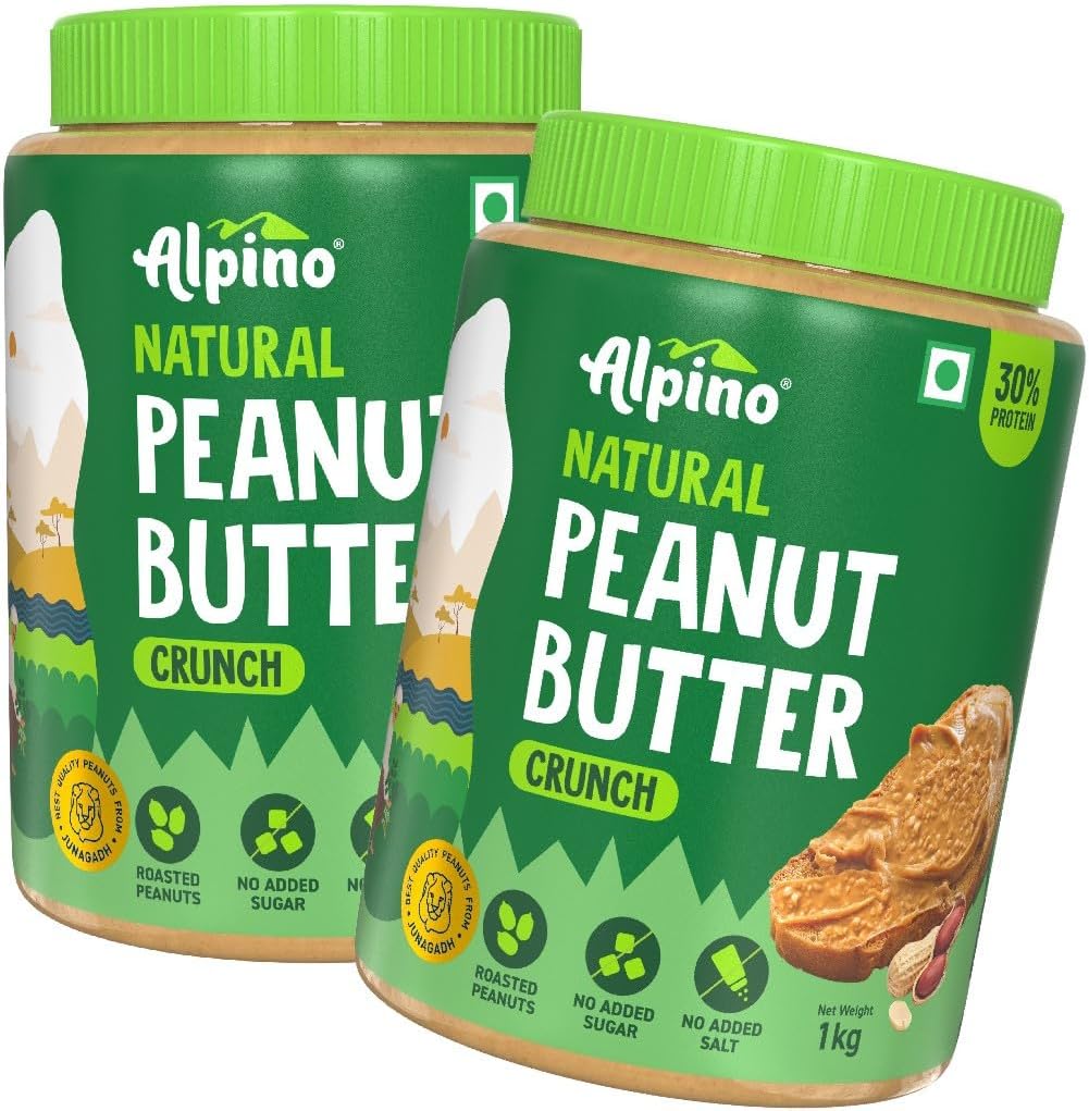 ALPINO Natural Peanut Butter Crunch 2kg (1kg Pack of 2) – Unsweetened, 100% Roasted Peanuts - 30% Protein, Source of Healthy Fats, No Added Sugar & Salt