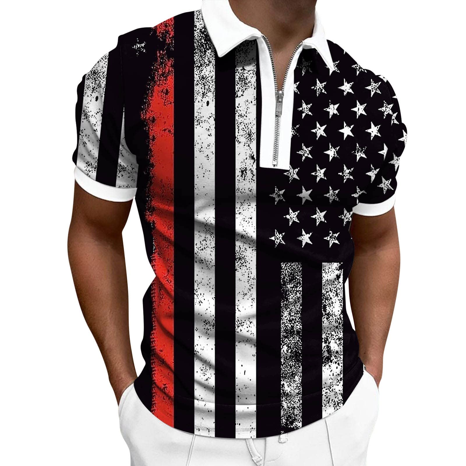 GenericMens 4th of July Shirts Slim Fit Short Sleeve Athletic T-Shirt American Flag Quarter-Zip Neck Shirt Patriotic Golf Shirts