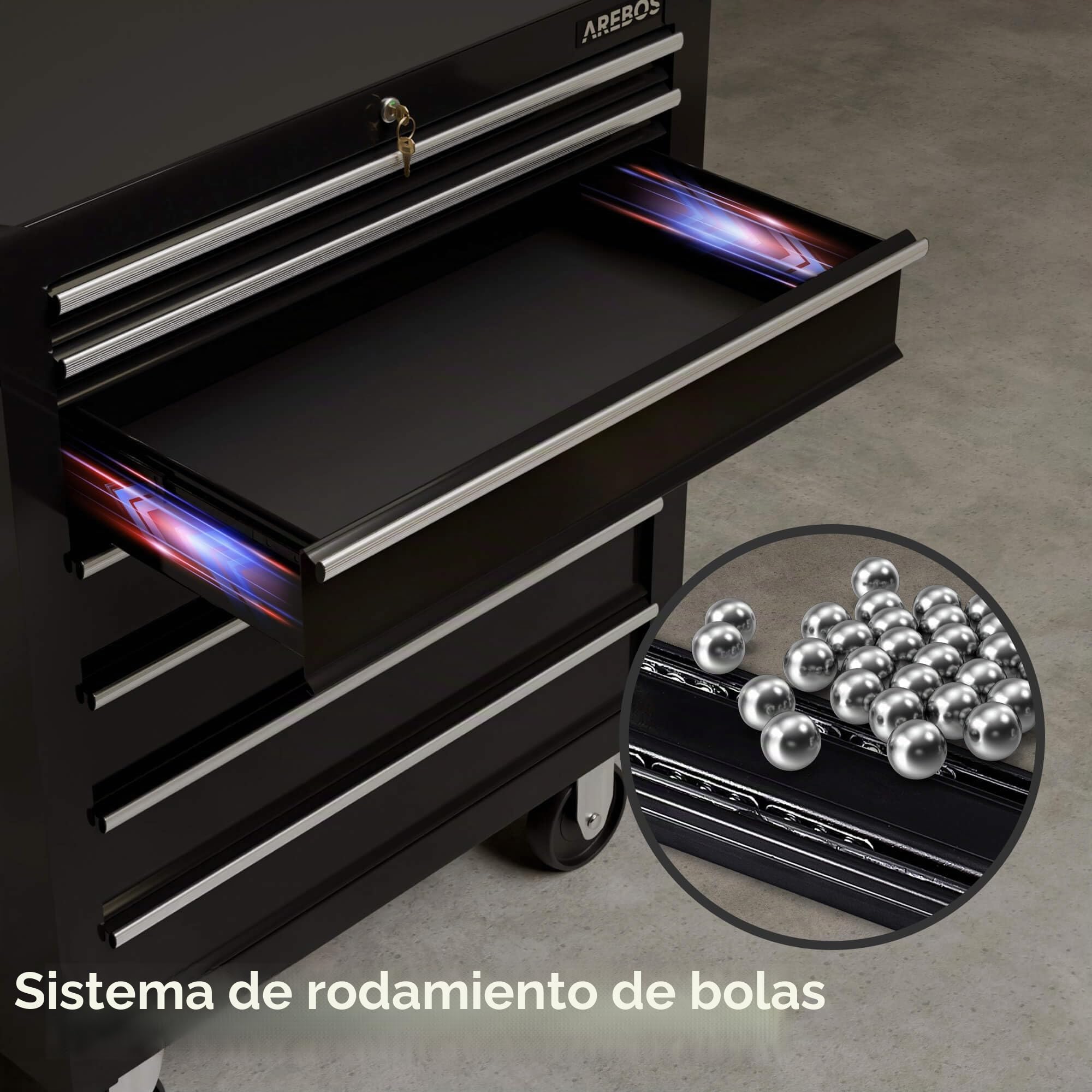 Arebos Carro de Taller 7 Compartimentos | Cierre centralizado | Revestimiento Antideslizante | Ruedas con Freno de estacionamiento | Metal Macizo | Negro
