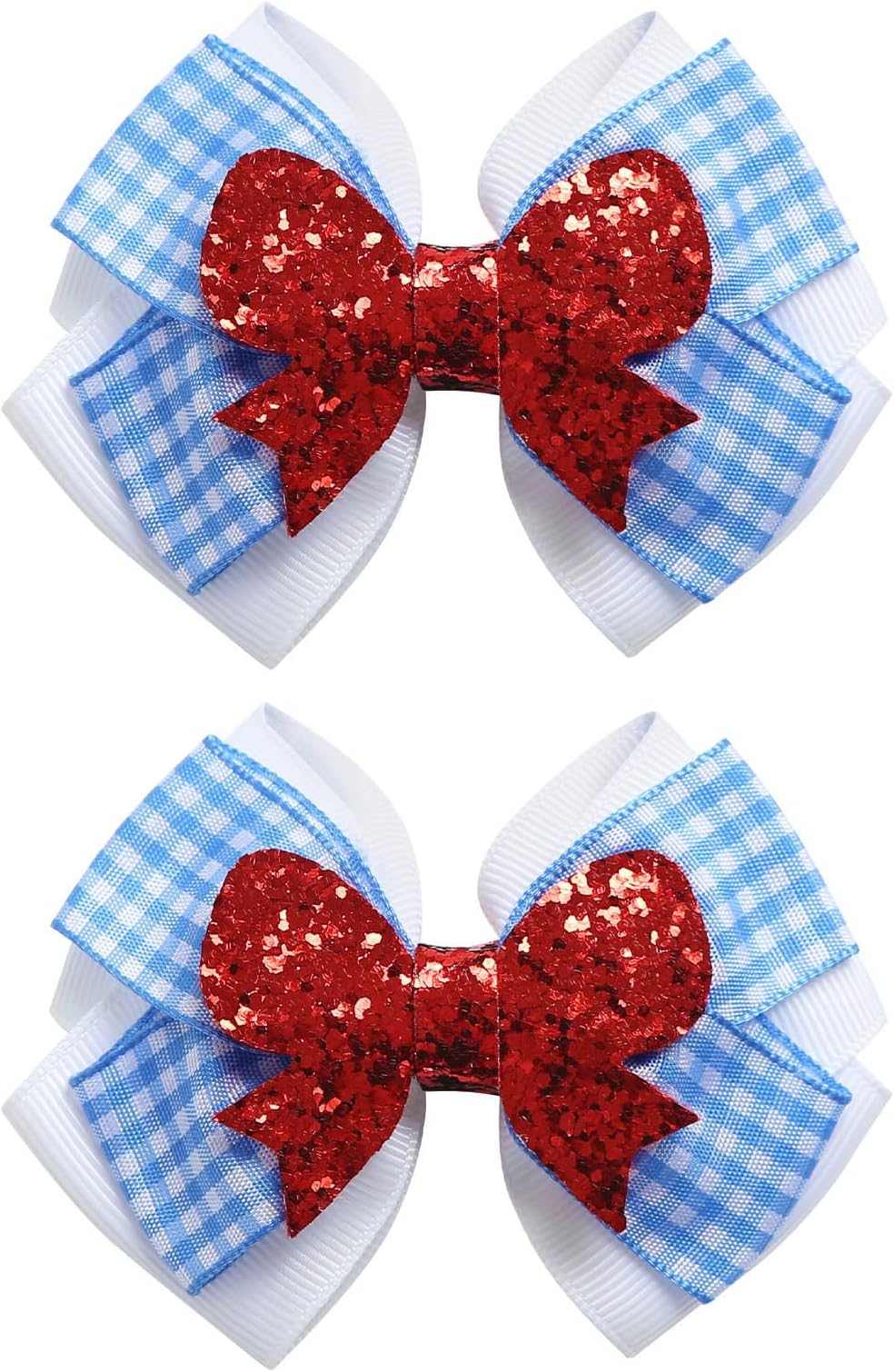 2PC Blue White Gingham Hair Bow Clips 3.5 Inch Checker Pigtail Bows Wizard Hair Accessories