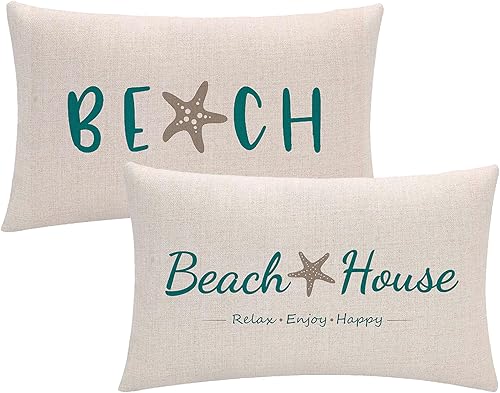 ULOVE LOVE YOURSELF Juego de 2 fundas de almohada decorativas para casa de playa con estrellas de mar y estrellas de mar, fundas de almohada