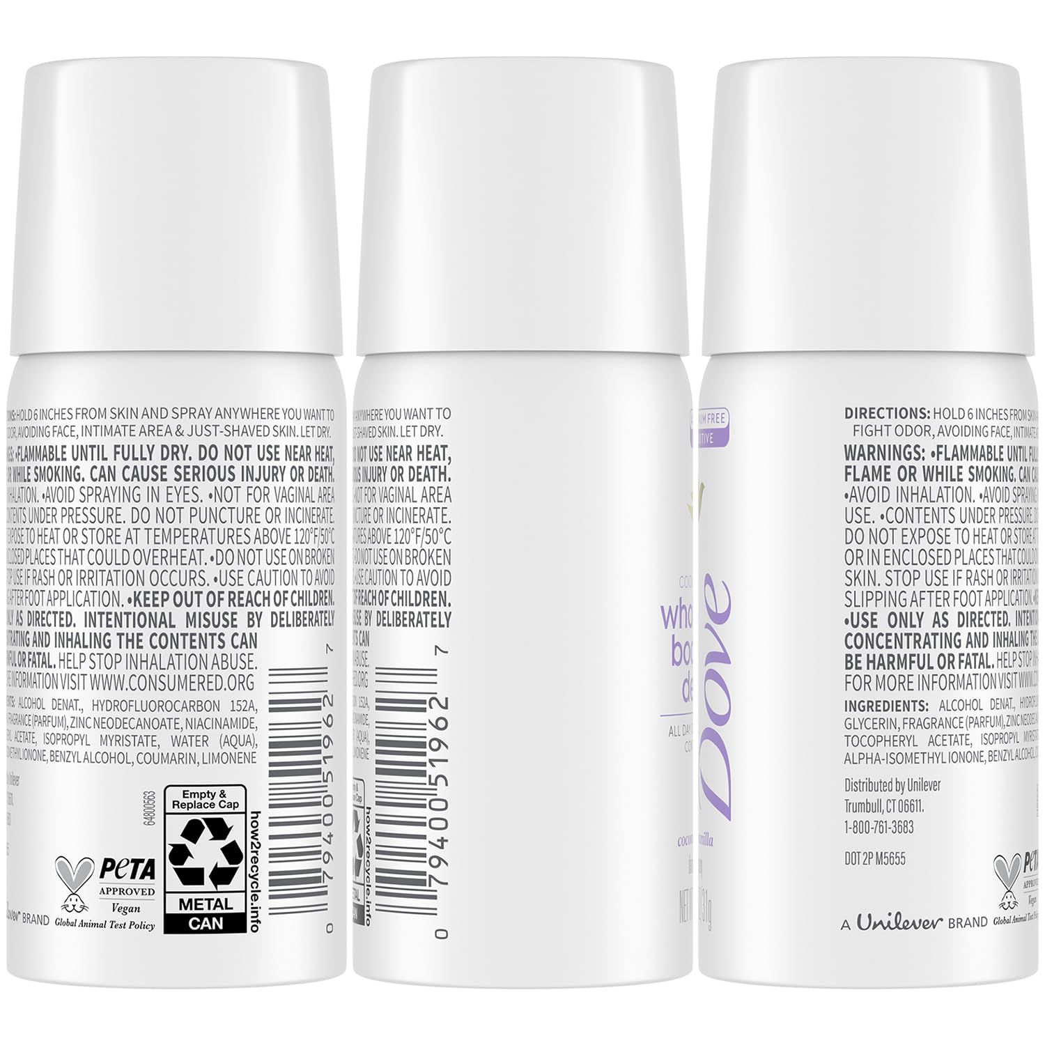 Dove Whole Body Deo Spray, Coconut & Vanilla 6-Pack –?Travel-Size Deodorant for Women, 72H Protection, Sensitive Formula, 1.1 Oz Ea