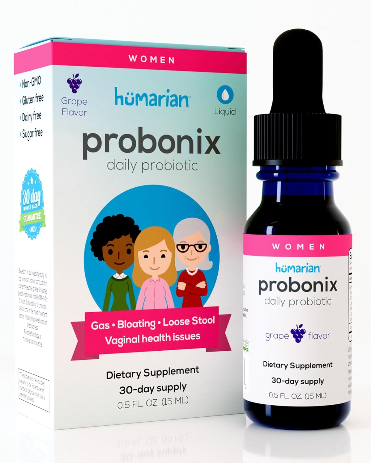 Probonix Humarian Liquid Probiotics for Women - 12-Strain Probiotic Drops to Fortify Women’s Gut Health, Vaginal Health, Immunity and Overall Wellness - 30-Day Supply - Delicious Grape Flavor
