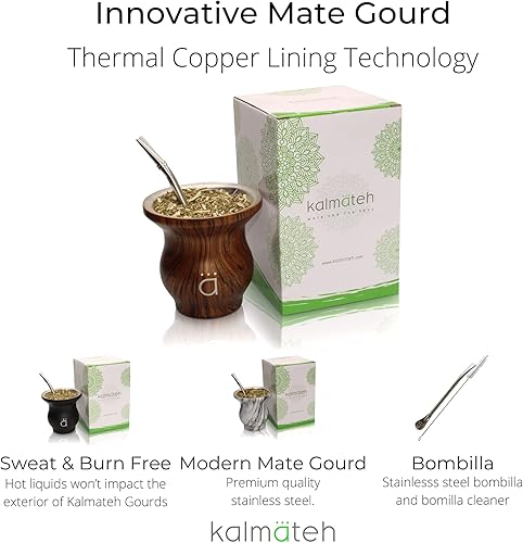 Miniatura 7 de Kalmateh Modern Yerba Mate Gourd - Doble pared de acero inoxidable 188, incluye bombilla y un cepillo de limpieza, 9 onzas, 9.1fl oz (mármol)