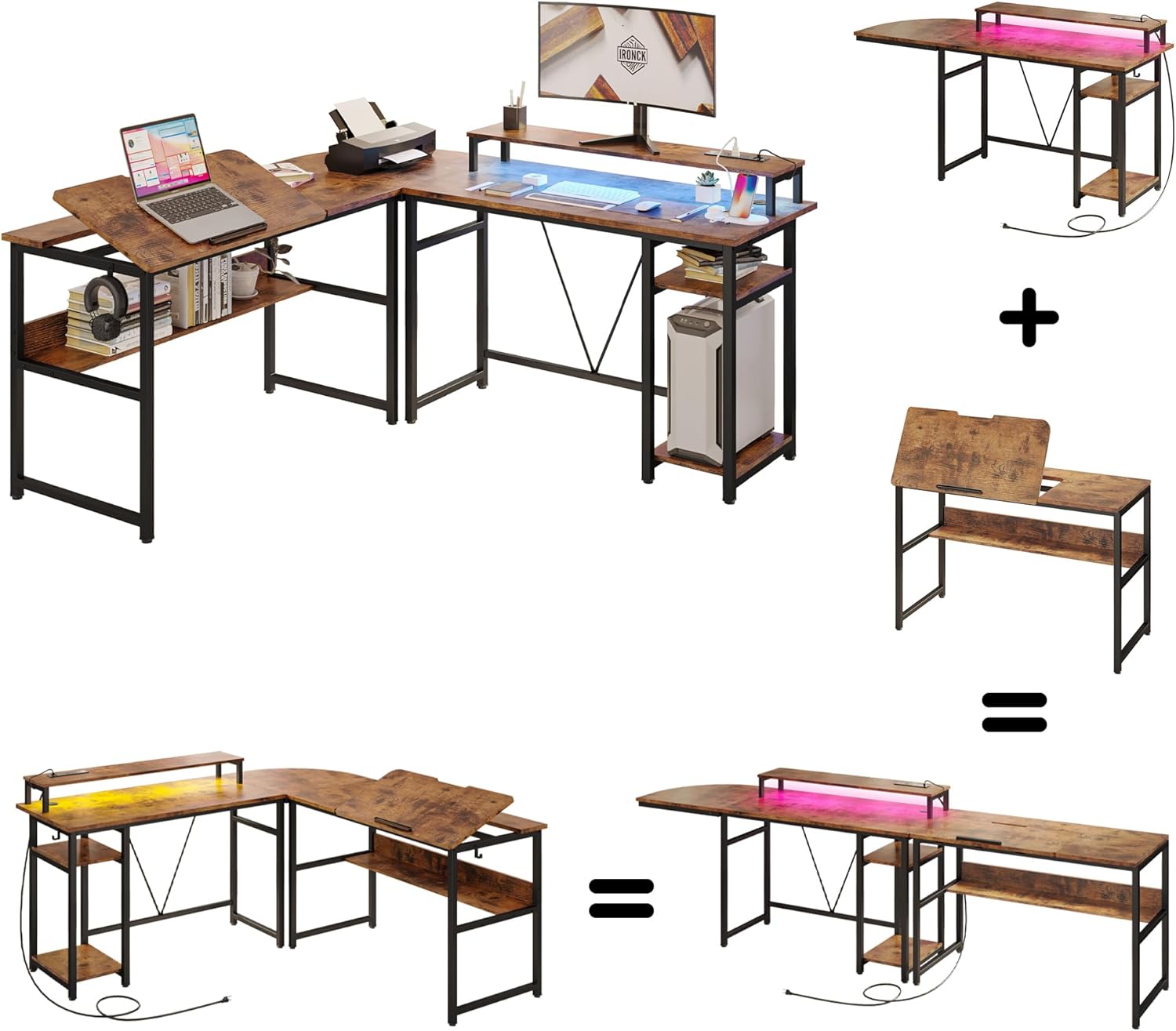 Close-up image of the desk's monitor stand with integrated LED lights glowing in a purple hue, illuminating the workspace below.