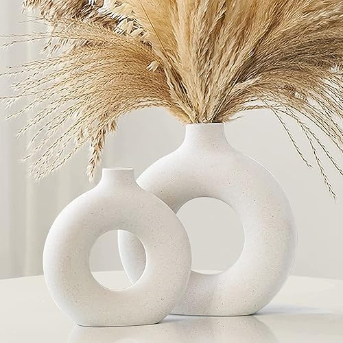 Samchilderlan Juego de 2 jarrones de cerámica blanca para decoración moderna del hogar jarrón redondo de dona jarrones de hierba de pampa