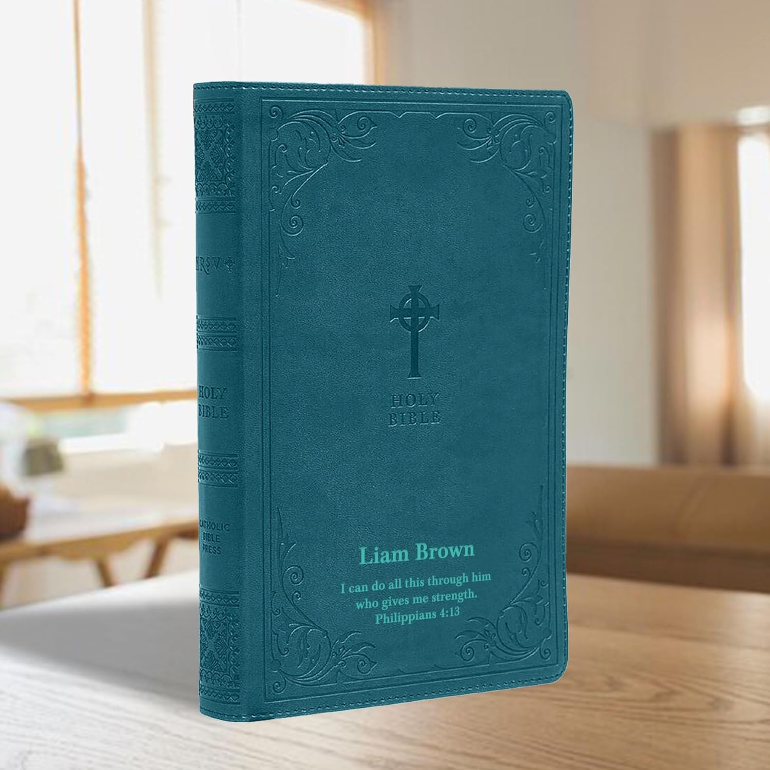 Personalized NRSV Catholic Bible Faux Leather Medium Print Size Gift Edition | Custom with Name, Date or Text | Gift for Catholic and Religious Celebrations | Teal