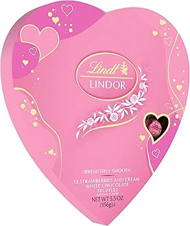 Lindt LINDOR Valentine's Strawberries and Cream White Chocolate Candy Truffles Heart, White Chocolate Candy with Strawberries and Cream White Truffle Filling, 5.5 oz.
