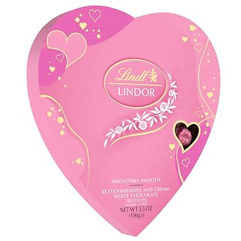Lindt LINDOR Valentines Strawberries and Cream White Chocolate Candy Truffles Heart, White Chocolate Candy with Strawberries and Cream White Truffle Filling, 5.5 oz.