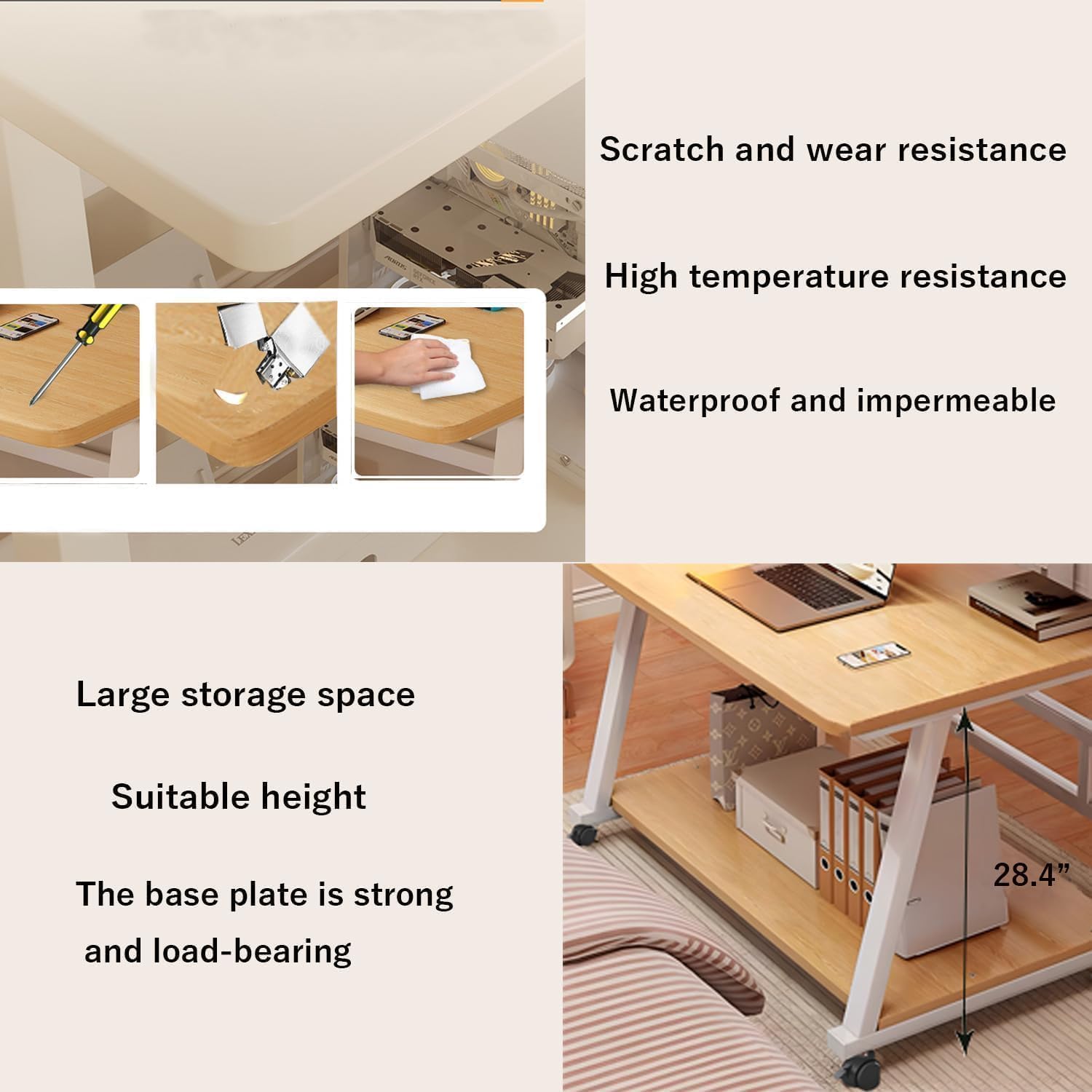 Rolling Desk, 39.4 Inch Small Desks with 3-Layer Storage & Monitor Stand, Compact Home Office Desk, Portable Laptop Table with Wheels for Small Spaces, Mobile Rolling Computer Work Desks