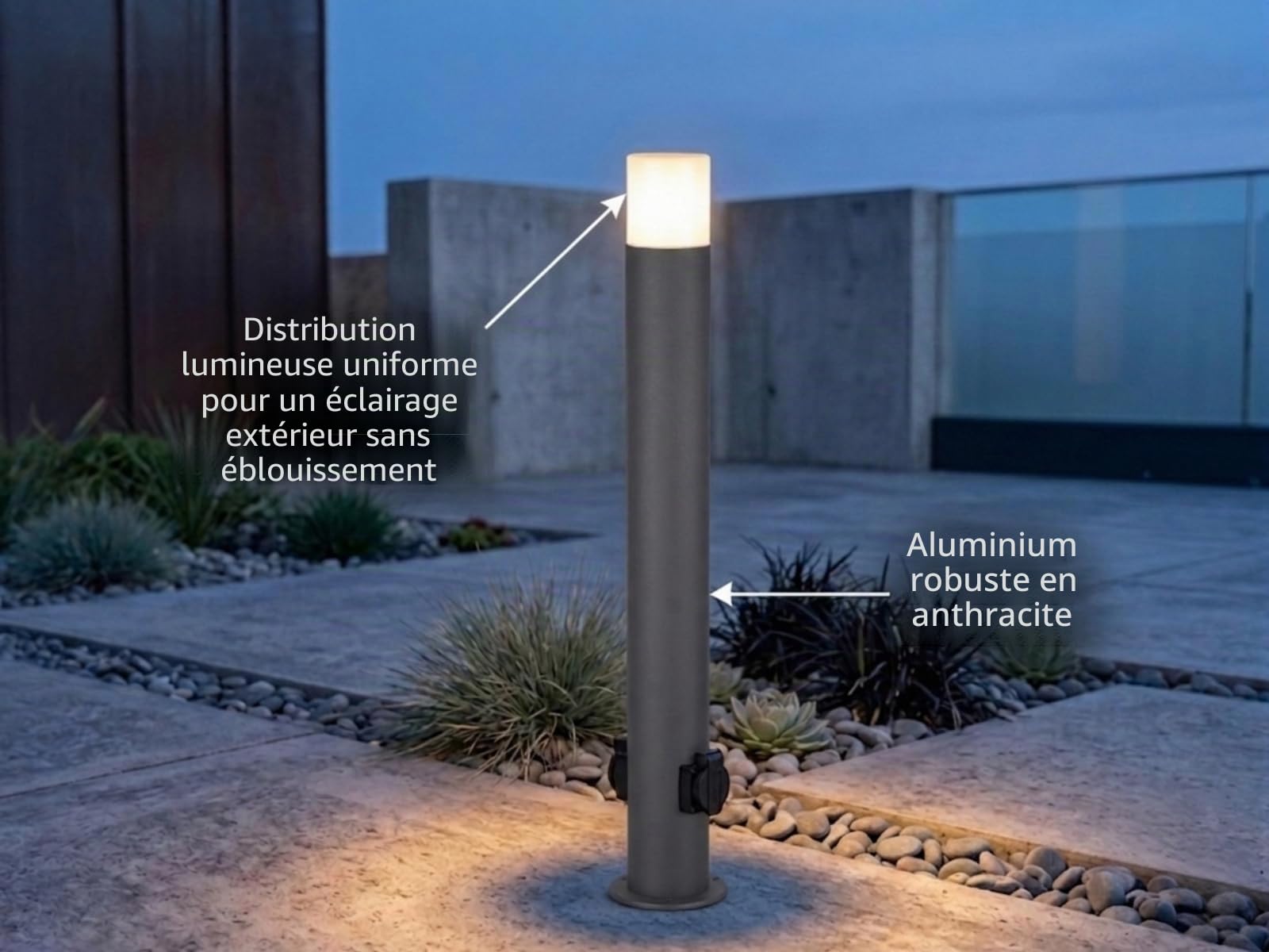 Borne lumineuse d'extérieur moderne à LED avec 2 prises, IP44, éclairage extérieur polyvalent pour la maison et la terrasse, hauteur : 80 cm, anthracite
