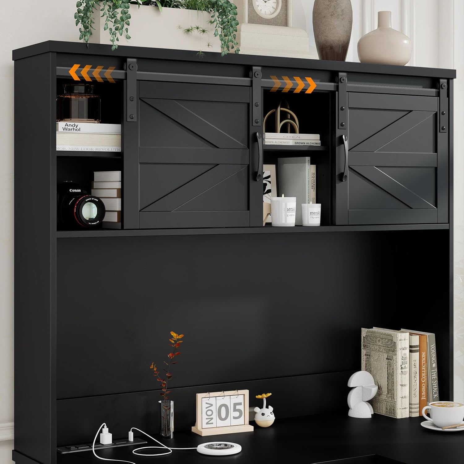 Vabches Farmhouse 68" H L Shaped Desk with Hutch,Office Table with 3 Drawers and Sliding Doors, Executive Desk with File Drawers and Charging Station, Wood Workstation for Home Office and Study