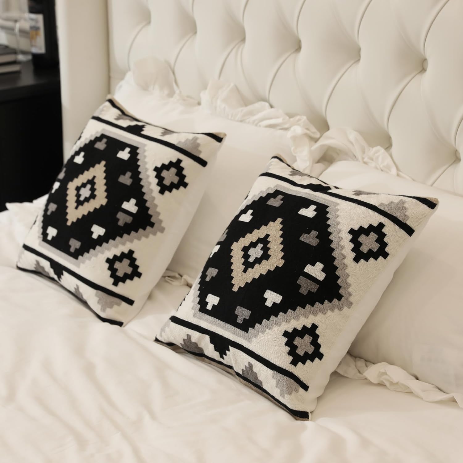IKATYARN Pack of 2 Black White Gray Brown Southwestern Embroidery Throw Pillow Cover, Boho Tribal Geometric Pillowcase, Modern Farmhouse Aztec Cushion Case for Couch Sofa Bed, 18"x18"