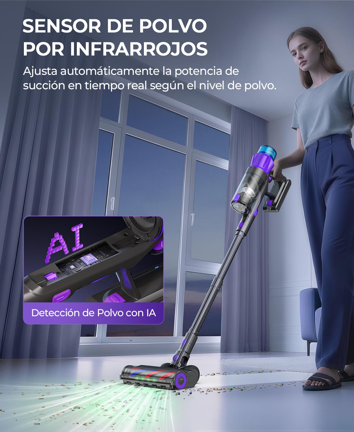 Aspiradora Sin Cable Potente, 55KPA/580W/70Min Escoba Eléctrica sin Cable con Pantalla Inteligente y Anti-enredos, luz LED Verde, Aspirador Sin Cable Potente para Suelos/Alfombras/Pelo de Mascotas