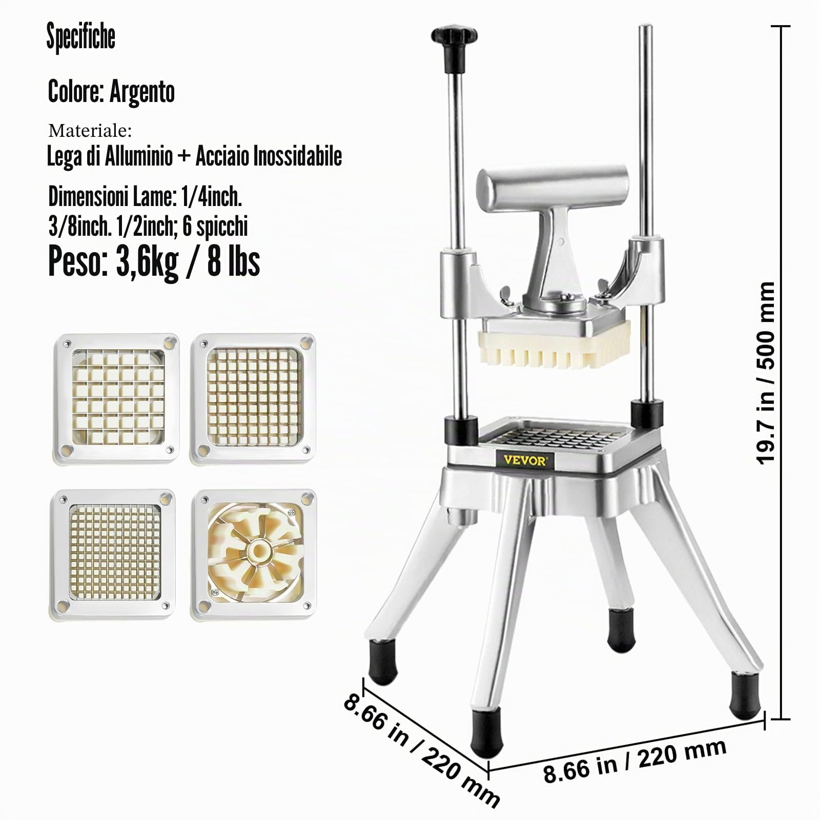 VEVOR Tritatutto Manuale Taglierina Manuale Patatine Verdure Frutta Lame in Acciaio Inox da 1/2" 1/4" 3/8", Tritatutto Commerciale Taglierina per Bastoncini Alimenti Frutta Verdure Manico Ergonomico
