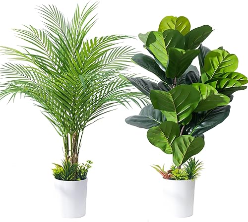 Kmitang Juego de 2 palmeras artificiales de 276 pulgadas para interiores higuera falsa de violín plantas tropicales de plástico hoja de violín