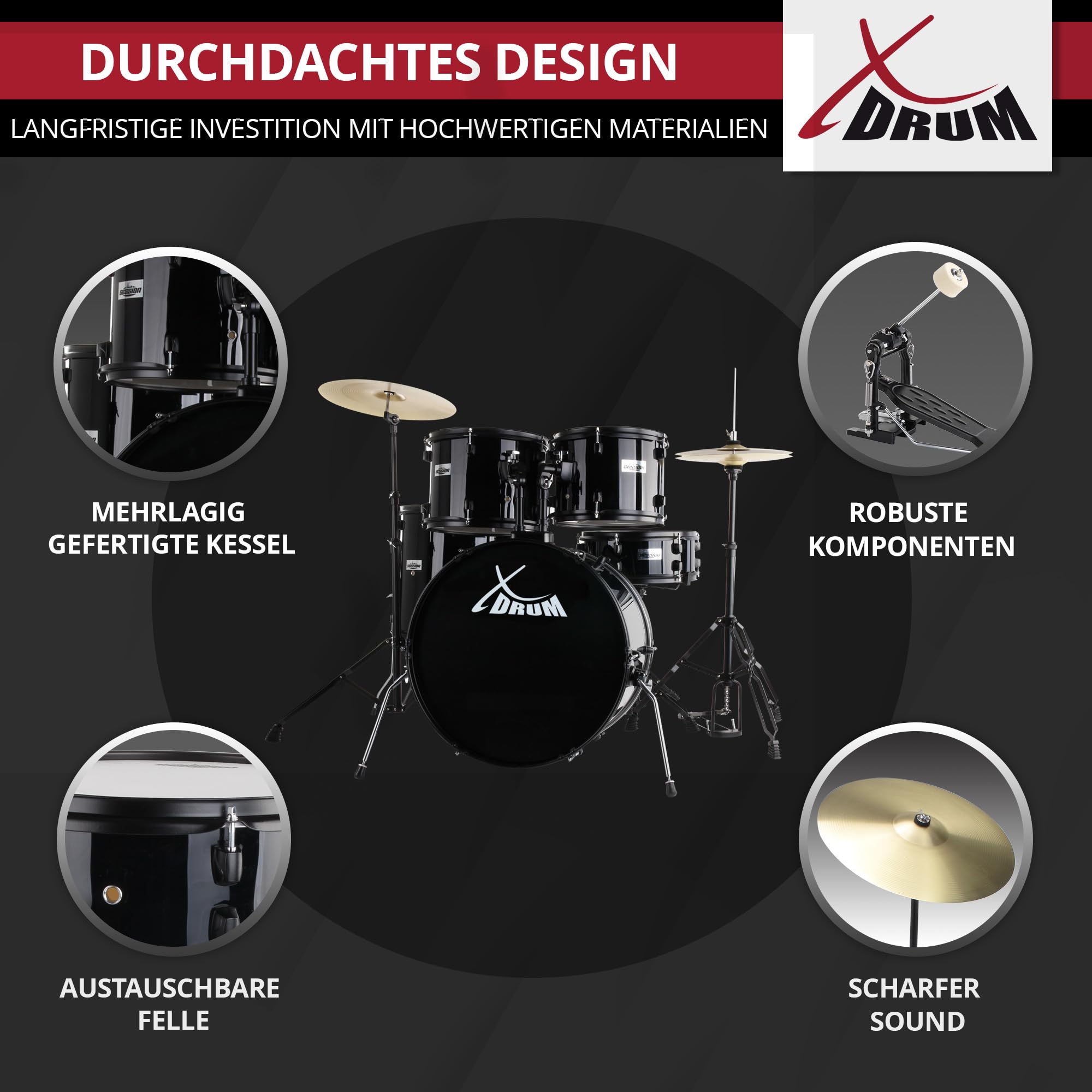 XDrum Rookie Schlagzeug Set Drumset Schwarz (20" BD, 10", 12", 14" TT, 14" SD, Übungsbecken bestehend aus einem Satz Hi-Hat-Becken 14" und 1 Crash-Ride-Becken 16", inkl. Schule & Schlagzeugdämpferset)