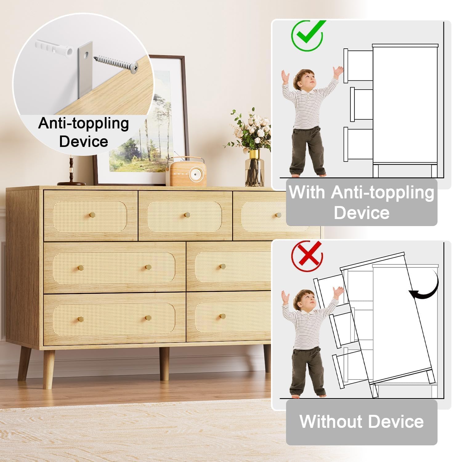 Wananlanen® Rattan Dresser for Bedroom 7 Drawer, Natural Rattan Boho Dresser for Bedroom, Storage Organizer for Closet for Bedroom & Hallway Storage