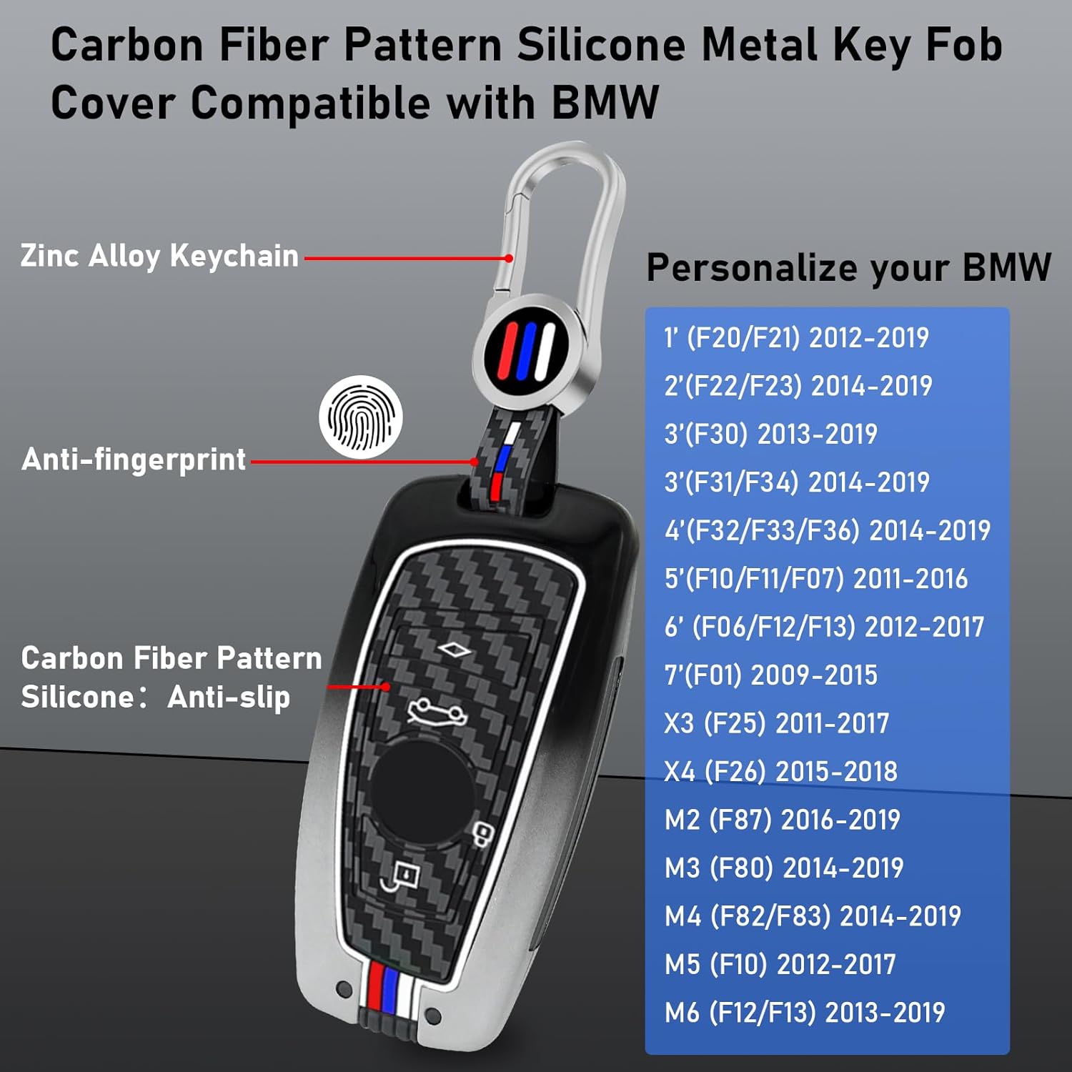 Jaronx Compatible with BMW Key Fob Cover 1'F20/2'F22/3'F30/4'F32/5'F10/6'F11/7'F01/X3 F25/X4 F26/M3 M4 M5 M6,Metal Fob Cover Carbon Fiber Pattern Silicone Rubber for BMW Key Accessrories