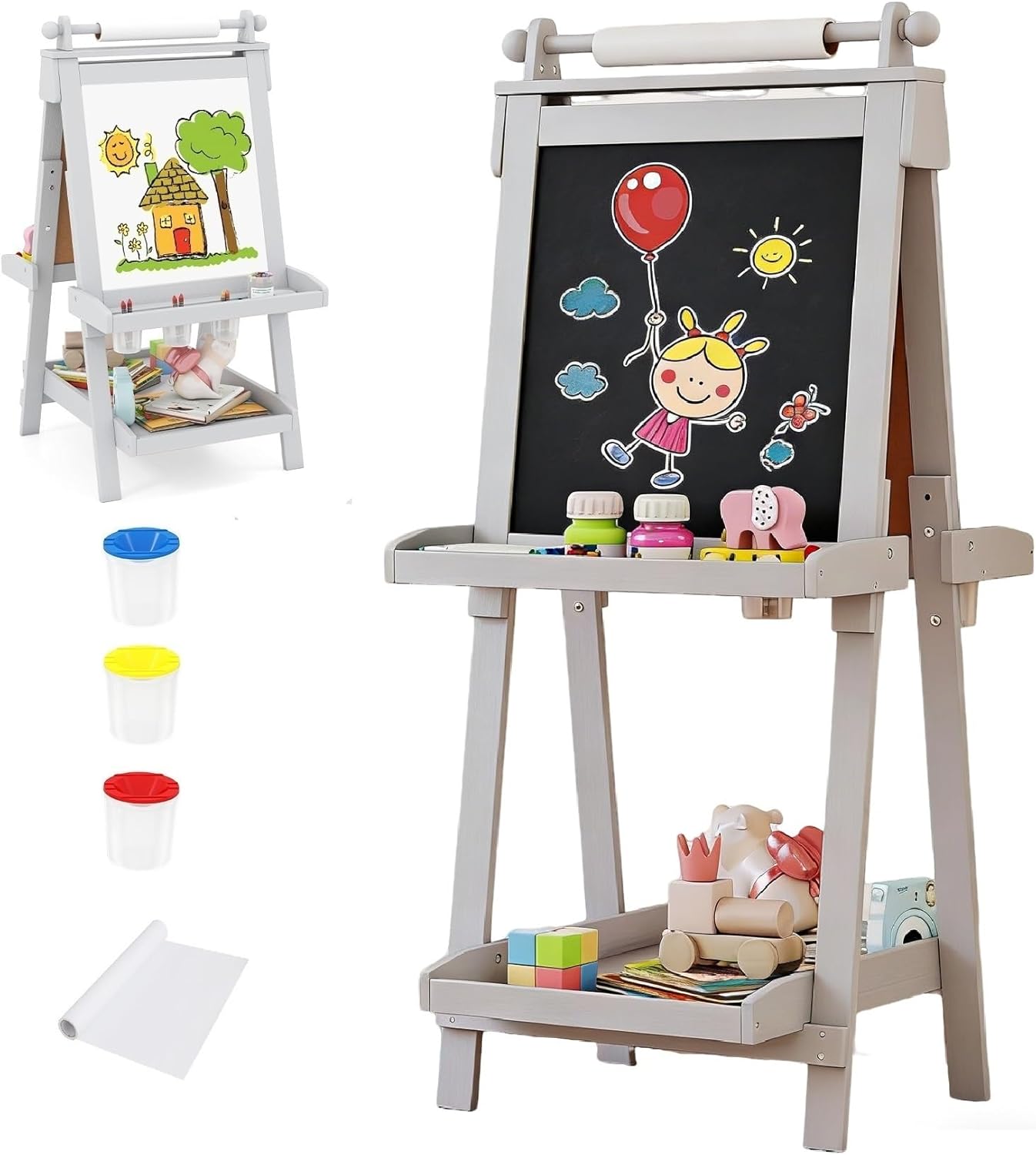 OLAKIDS Easel for Kids, 3 in 1 Adjustable Painting Art Board, Foldable Double-Sided Wooden Drawing Chalkboard Magnetic Whiteboard with Paper Roll, Storage Rack, Cups for Boy Girls (Gray)