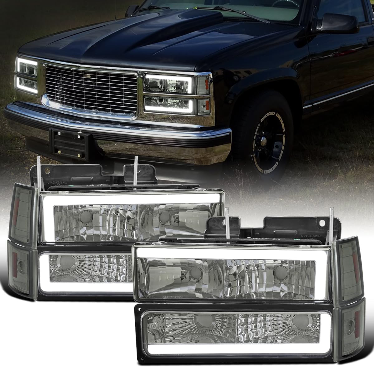 Ronnin - Fits 1994-1999 GMC C10 C/K Suburban Sierra Yukon LED Tube Headlights + Corner Bumper Parking Lights Assembly Pair | Smoke