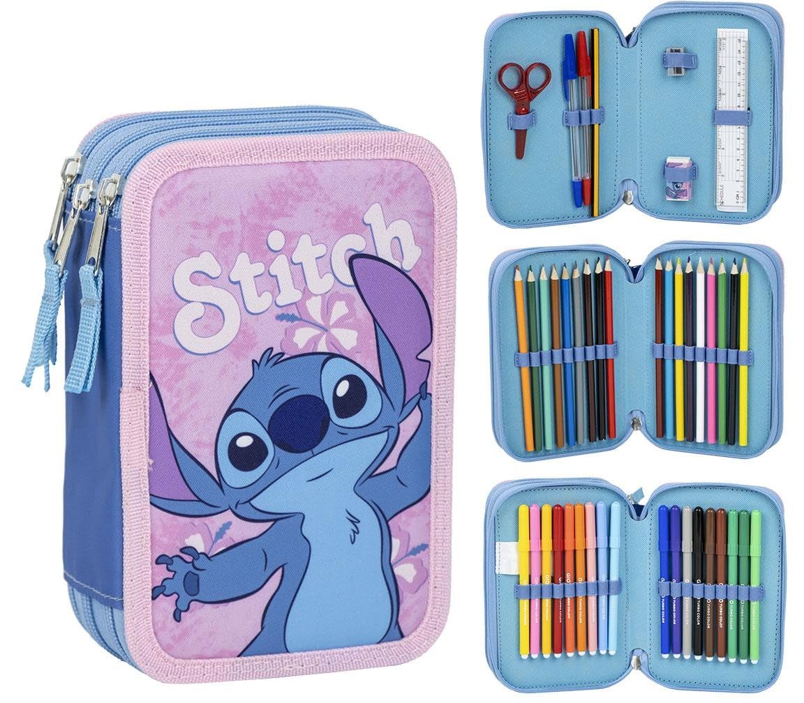 Estuche Escolar Infantil de Stitch - Color Rosa - Cierre de Cremallera - 12,5 x 6,5 x 19,5 cm - Triple Compartimento - Incluye Accesorios - Producto Original Diseñado en España