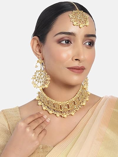 I Jewels Gold Plated Traditional Kundan & Pearl Studded Choker Necklace Jewellery Set with Earrings & Maang Tikka For Women (K7069FL) : Amazon.in: Fashion