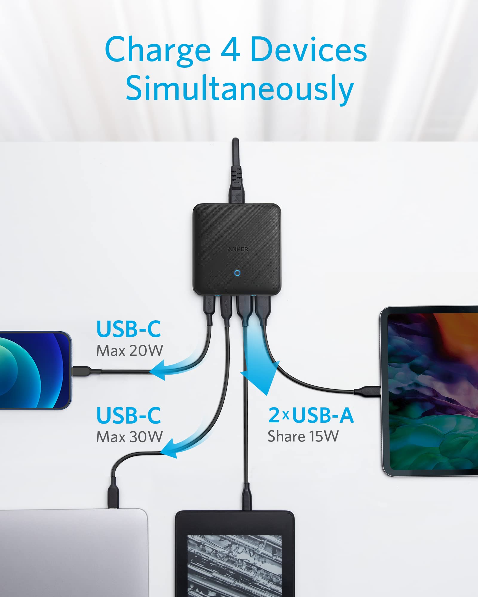Anker PowerPort Atom III Slim Caricatore USB-C (65W Max), 4 porte PIQ 3.0 & GaN, per laptop, iPad Pro, iPhone, Galaxy, Pixel