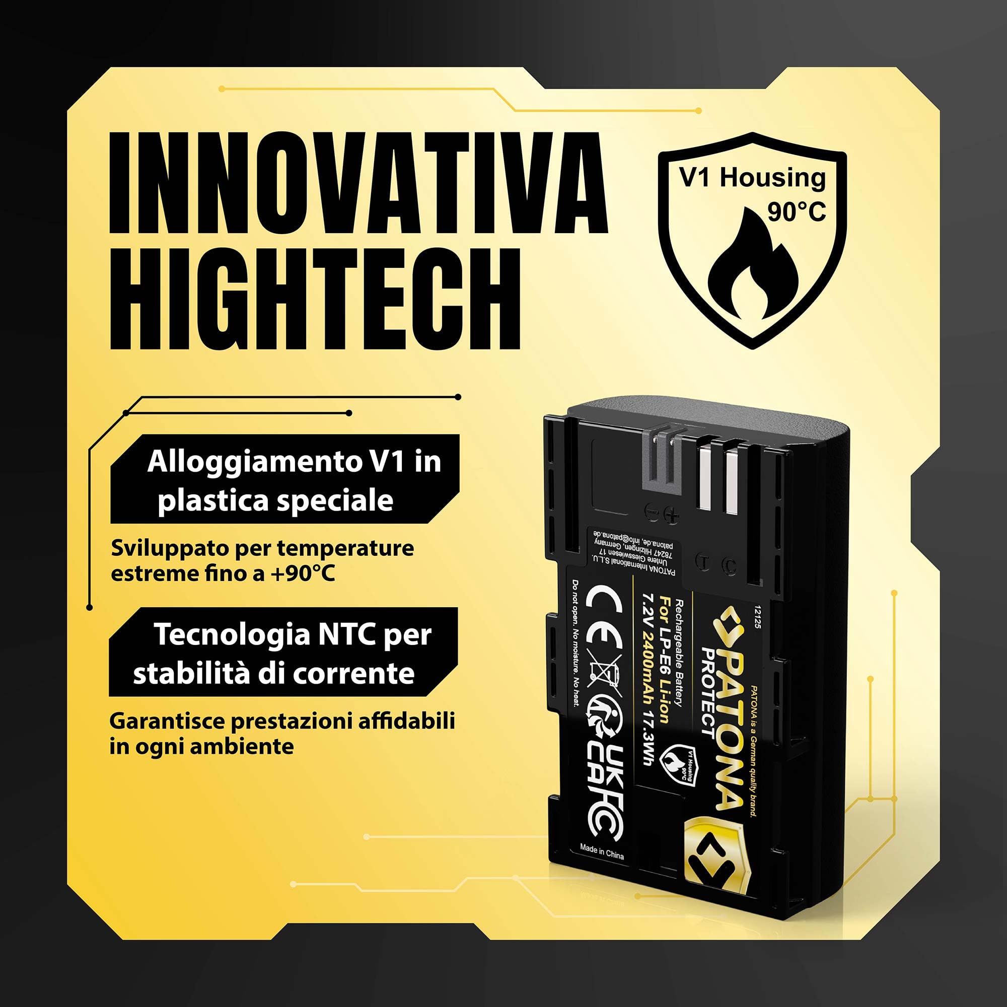 PATONA Protect LP-E6 Batteria 2400mAh – Ricambio per Canon LP-E6 – per EOS 5D Mark II III, 5DS, 6D 7D, 60D 60Da 70D 80D 90D, R R5, XC10 XC15 – con protezione NTC e involucro V1 per uso intensivo
