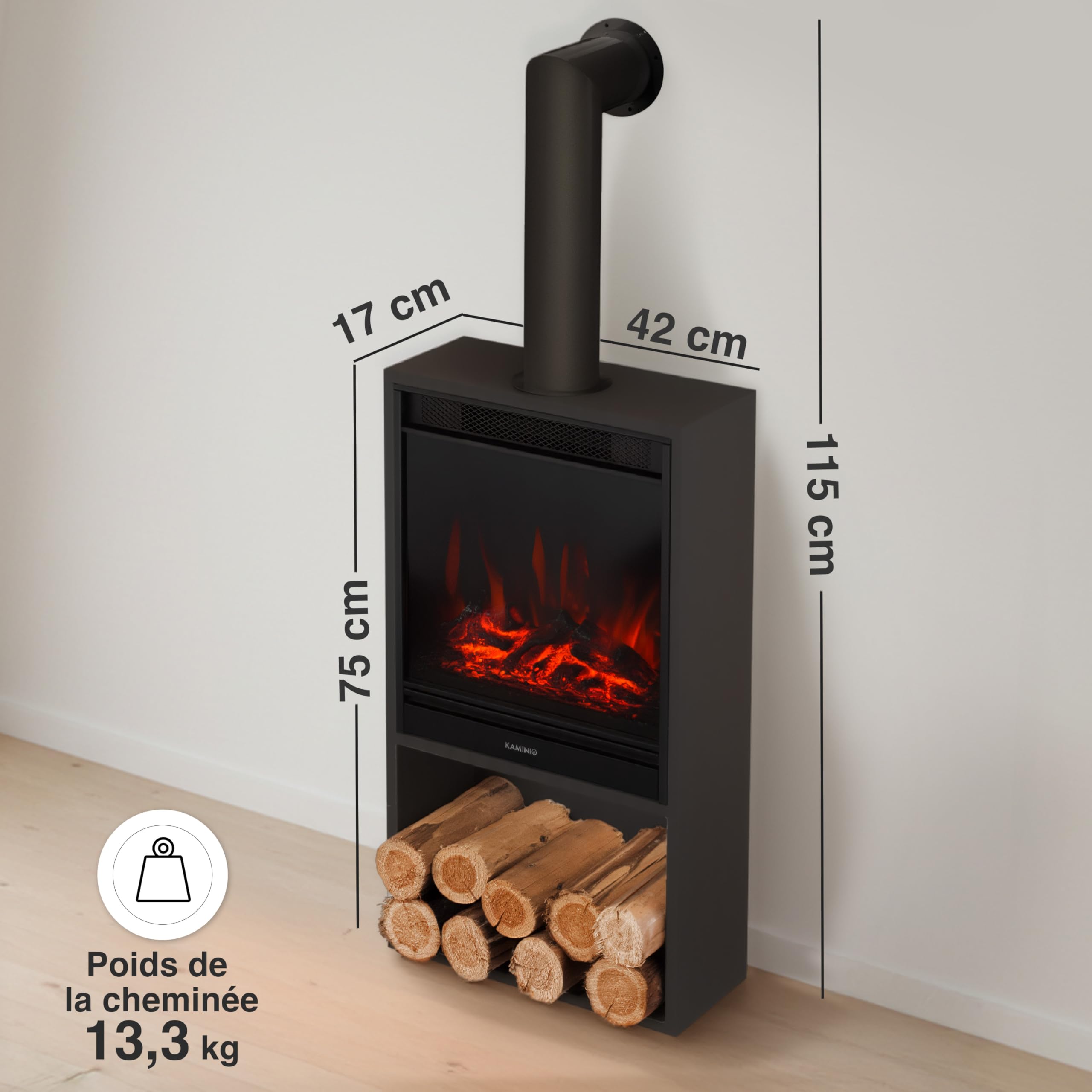 KAMINIO Cheminée électrique Hugo avec Tuyau de poêle - Poêle électrique avec Chauffage, Effet de Flamme 3D, lumière d'ambiance LED, Casier à Bois, télécommande (Noir)