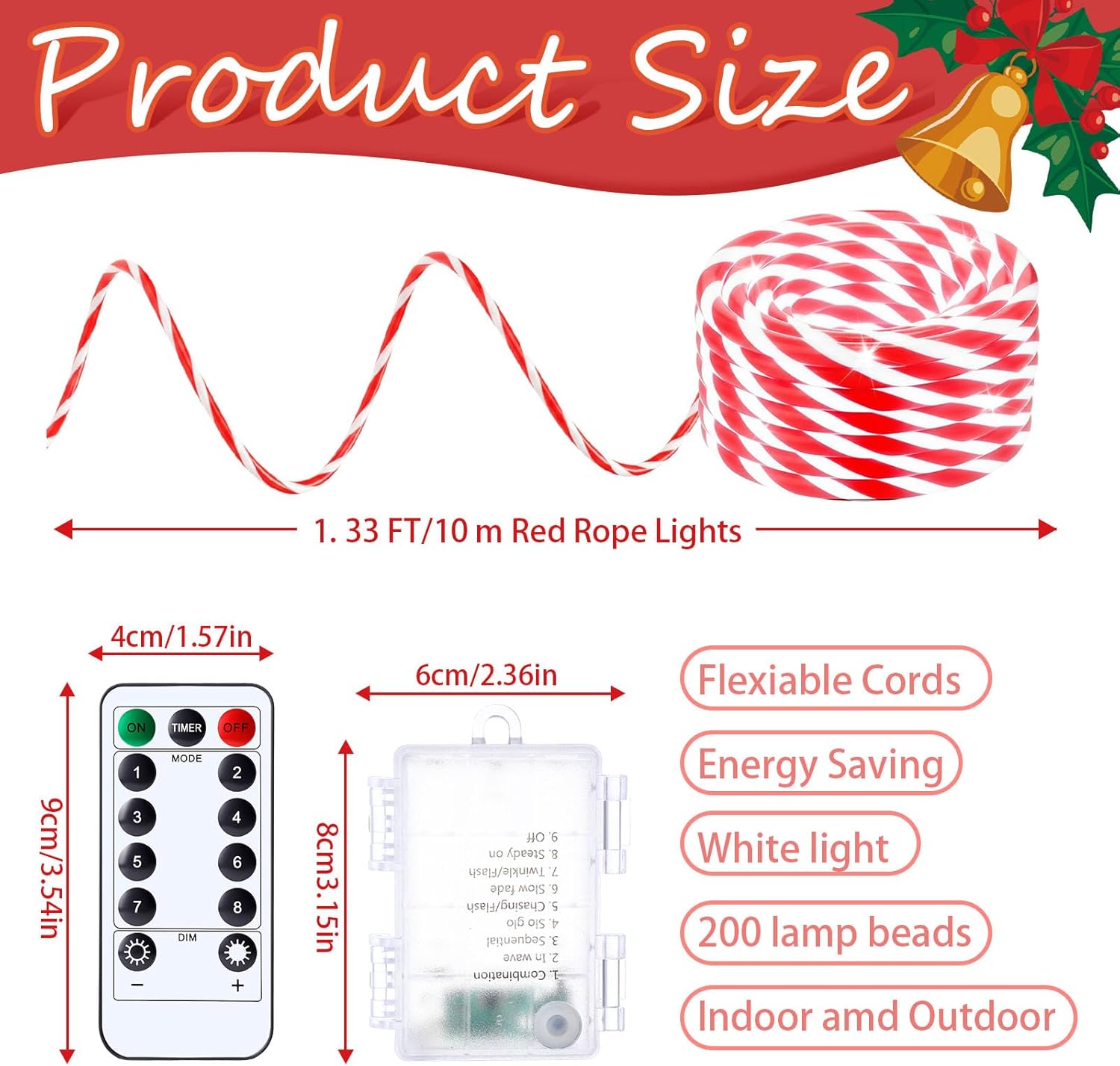 Glooglitter 2 Set Christmas Candy Cane Rope Light, 33ft 200 LED Decor Lights 8 Modes Multicolor Lights for Garden Patio Xmas Tree, Indoor Outdoor Christmas New Year Winter Decorations(White)
