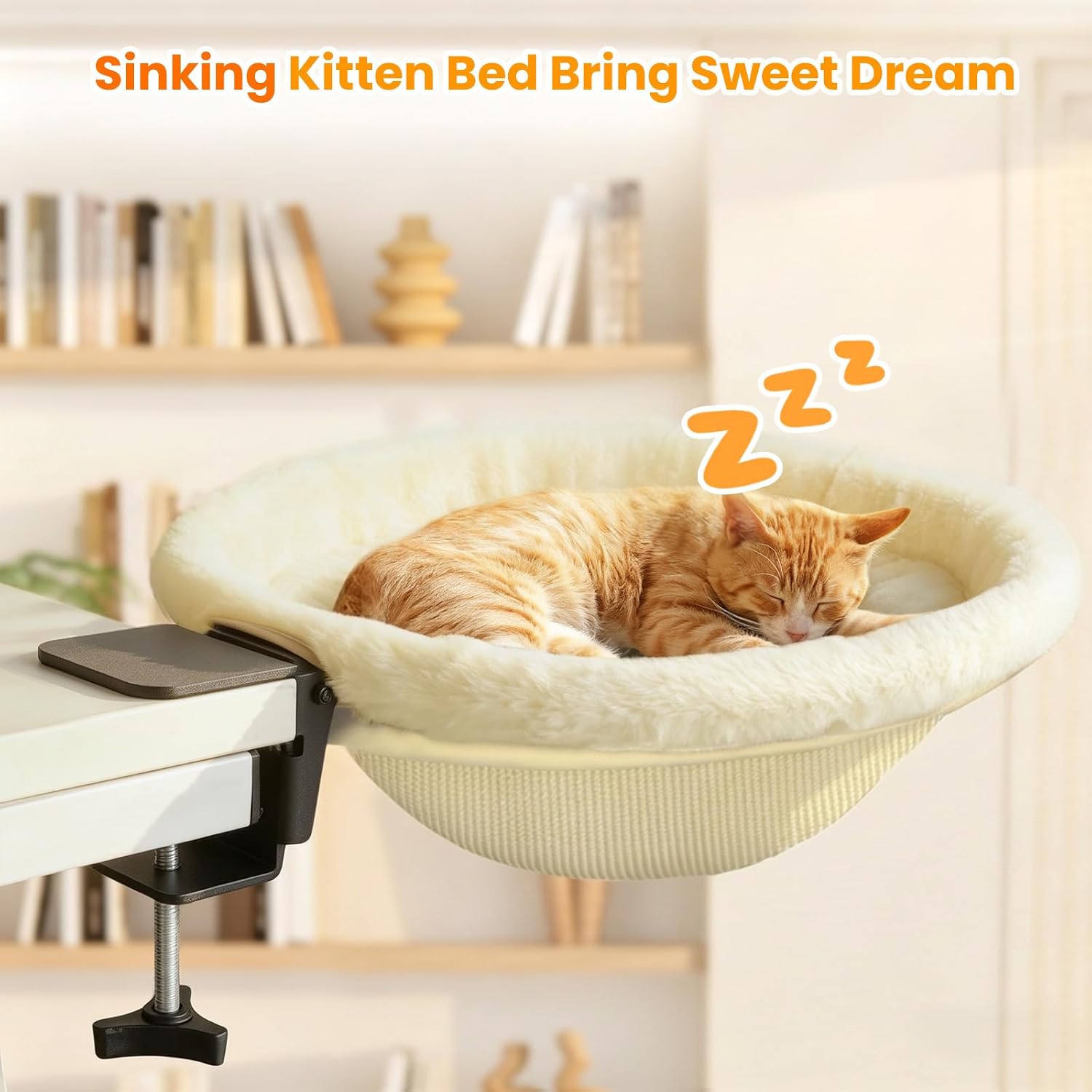 Pawaboo Cat Desk Bed, One-Click Foldable Sunken Cats Hammock up to 40lbs | Cat Side Table Beds with Soft Plush, Washable & Reversible Hanging Cats Bed with Steel Clamp for Office Home Game Desktop