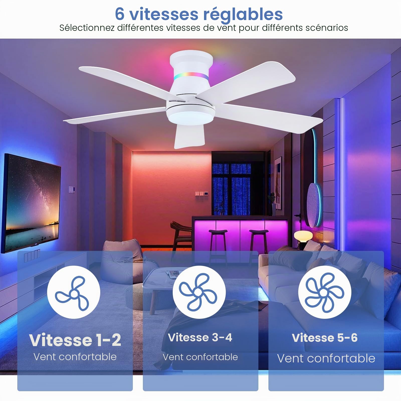 Surtime 117CM Blanc Ventilateurs de plafond avec lumières RGB - Ventilateur de plafond encastré à lumière LED 3CCT dimmable, ventilateurs de plafond modernes et profil bas pour intérieur fête