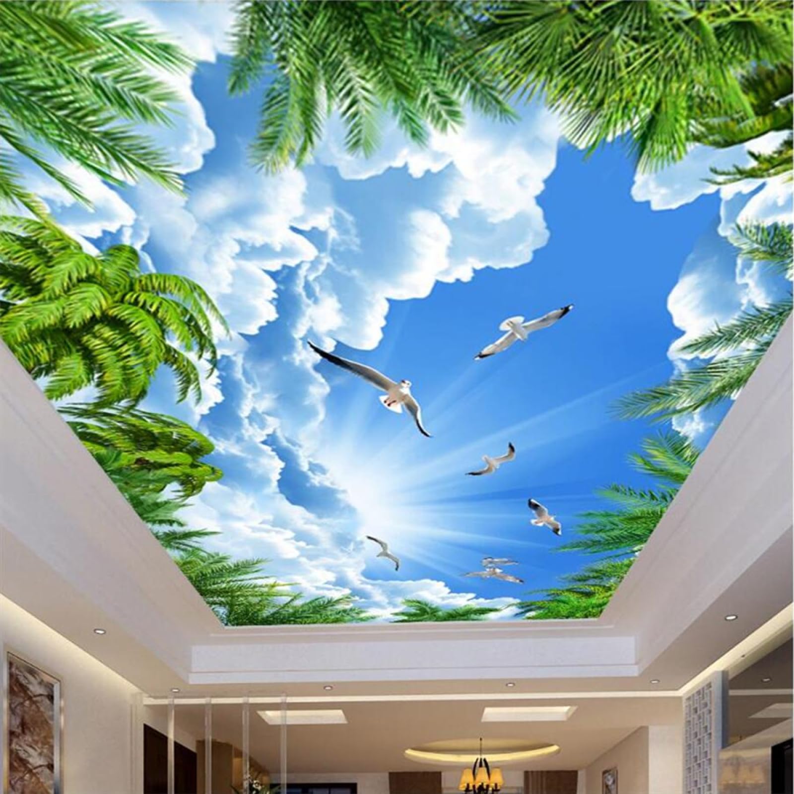 Papier peint bleu ciel pour masquer les imperfections de plafond