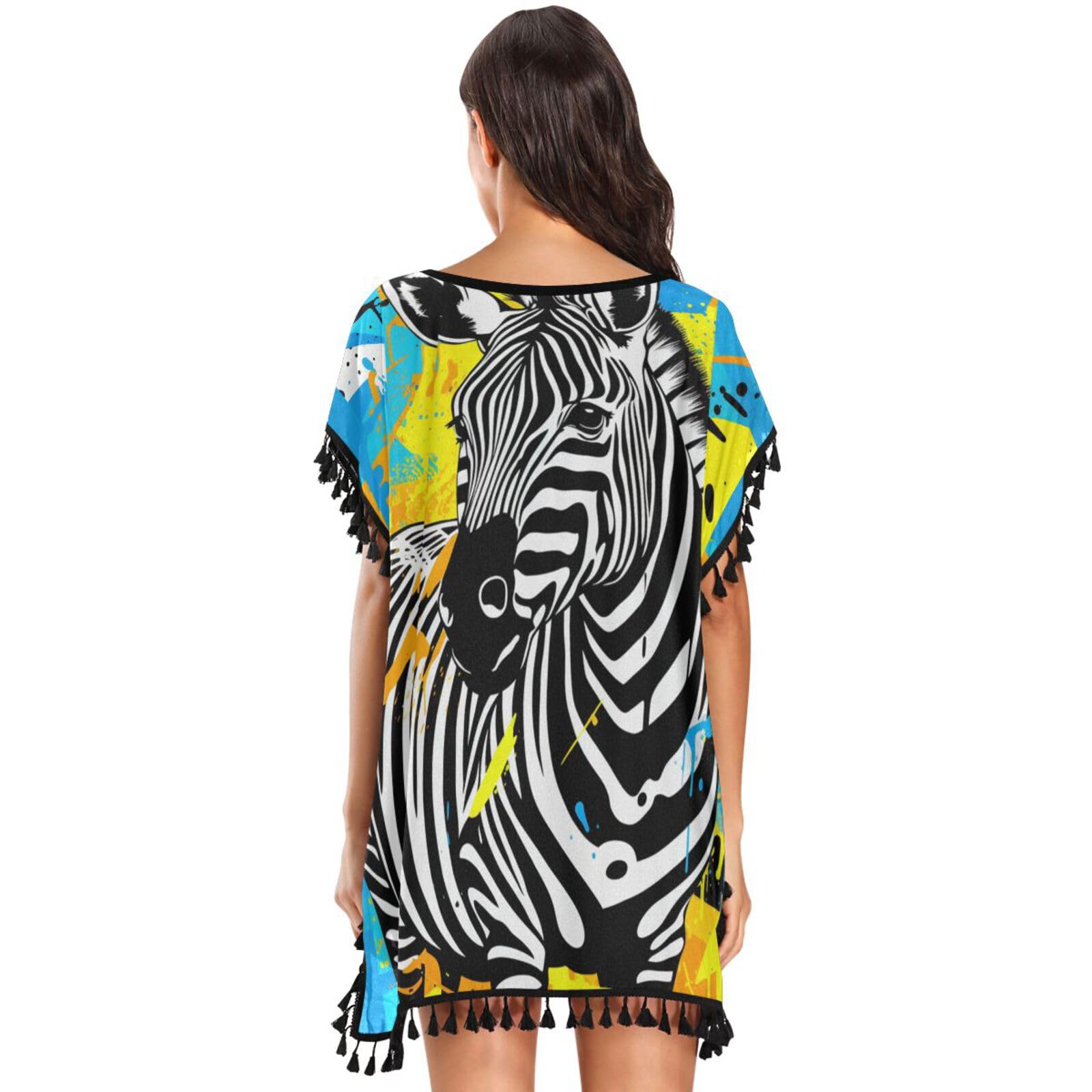 Line Artwork Zebra Art Women's Beach Cover Up Chiffon Tassel Swimwear Swimsuit Coverups for Girl
