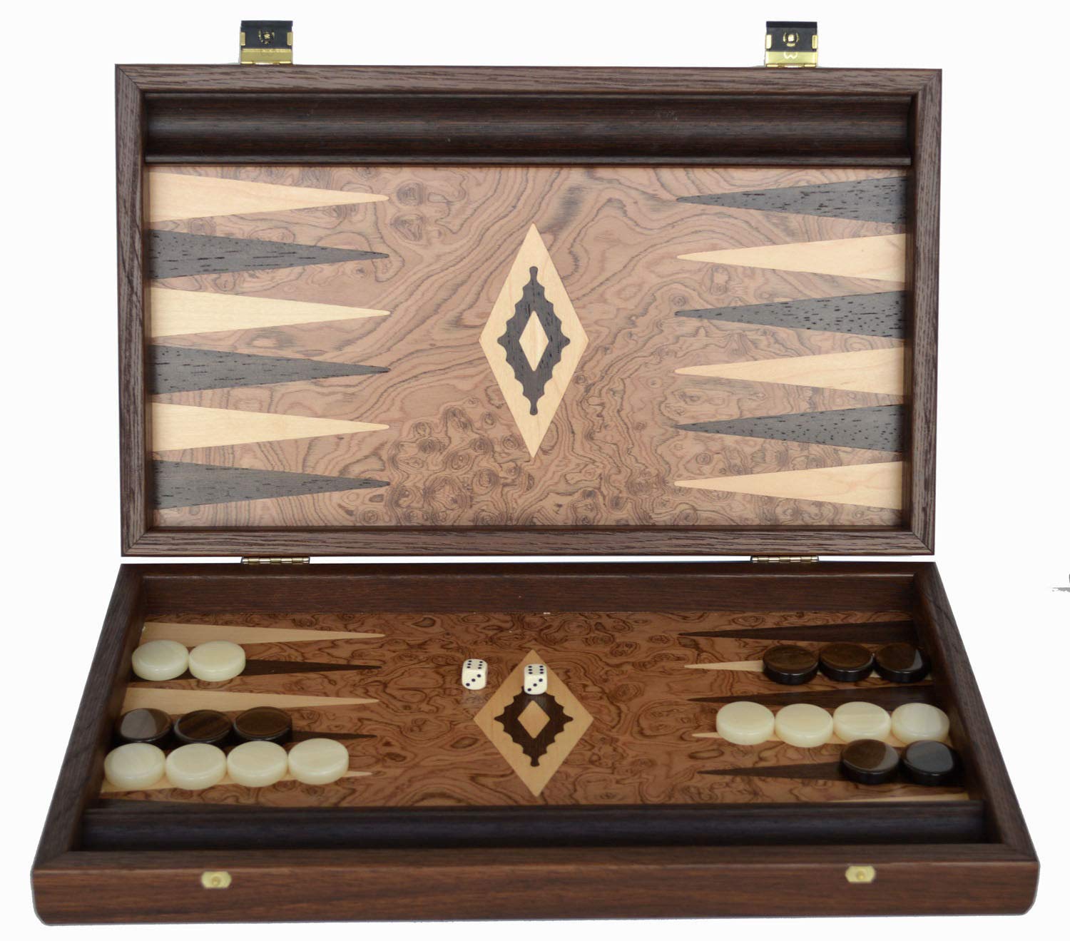 Manopoulos Traditional 15" Walnut Root Backgammon Set Ivory-Brown Chips
