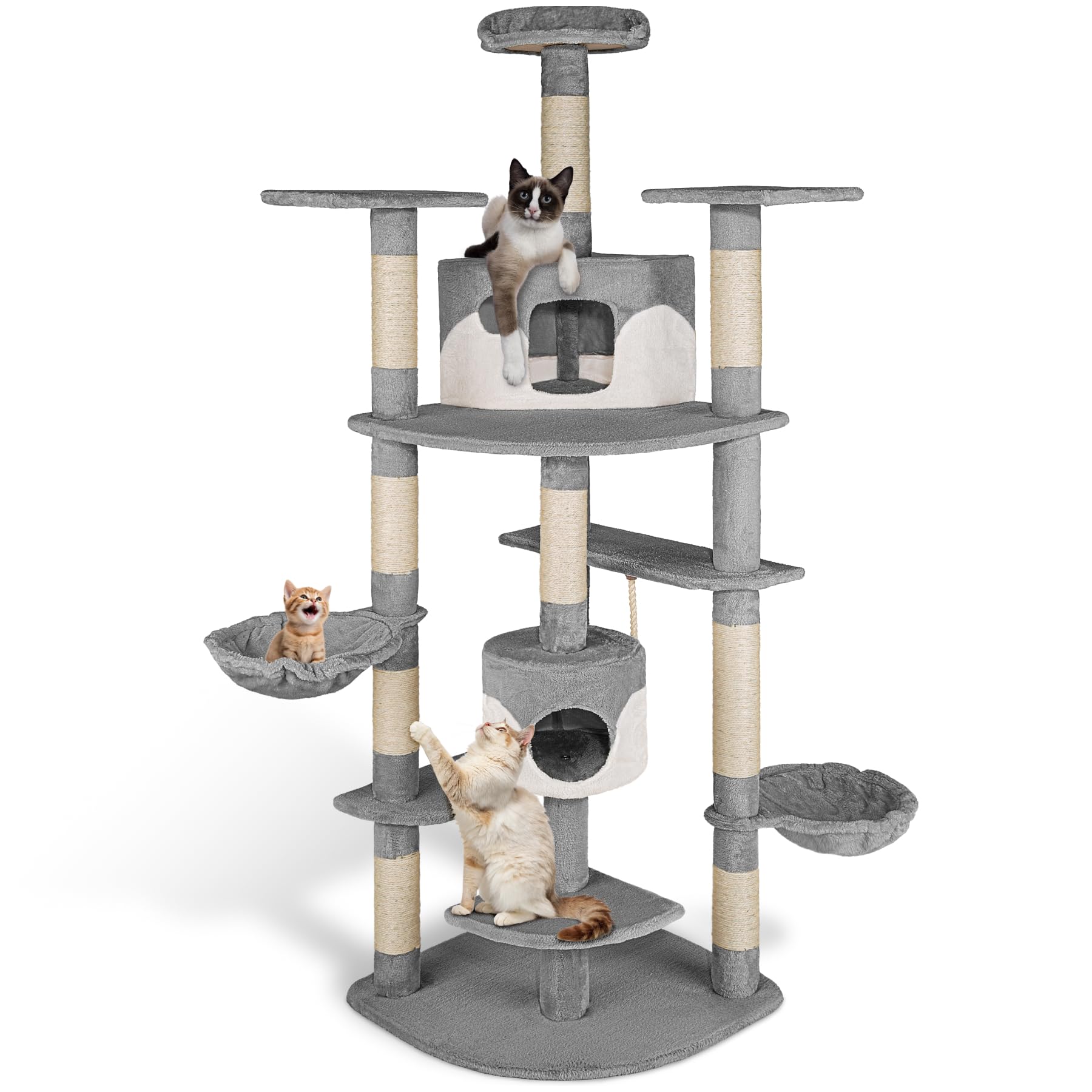 tectake® Rascador Árbol para Gatos 4 Plataformas, 2 Casetas, Varias Alturas, 2 Nidos Basculantes, Rascador para Gatos Grandes, Árbol Rascador para Gato, Casa para Gato - 201 cm Gris/Blanco