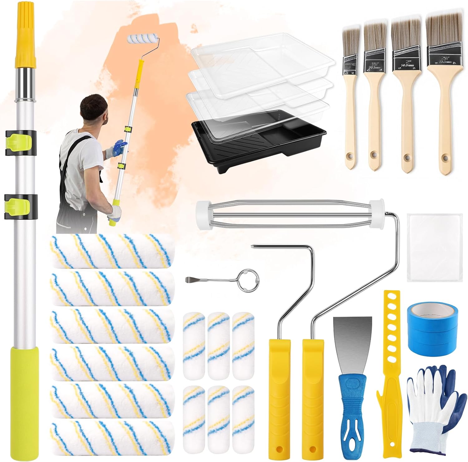 Navatiee 32PCS Paint Roller Kit with 2-4ft Extension Pole, 9" & 4" Roller Covers, Paint Brushes, Tray Liners & Tape, Professional House Painting Supplies for Walls, Ceilings & Cabinets