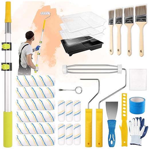 Navatiee 32PCS Paint Roller Kit with 2-4ft Extension Pole, 9" & 4" Roller Covers, Paint Brushes, Tray Liners & Tape, Professional House Painting Supplies for Walls, Ceilings & Cabinets