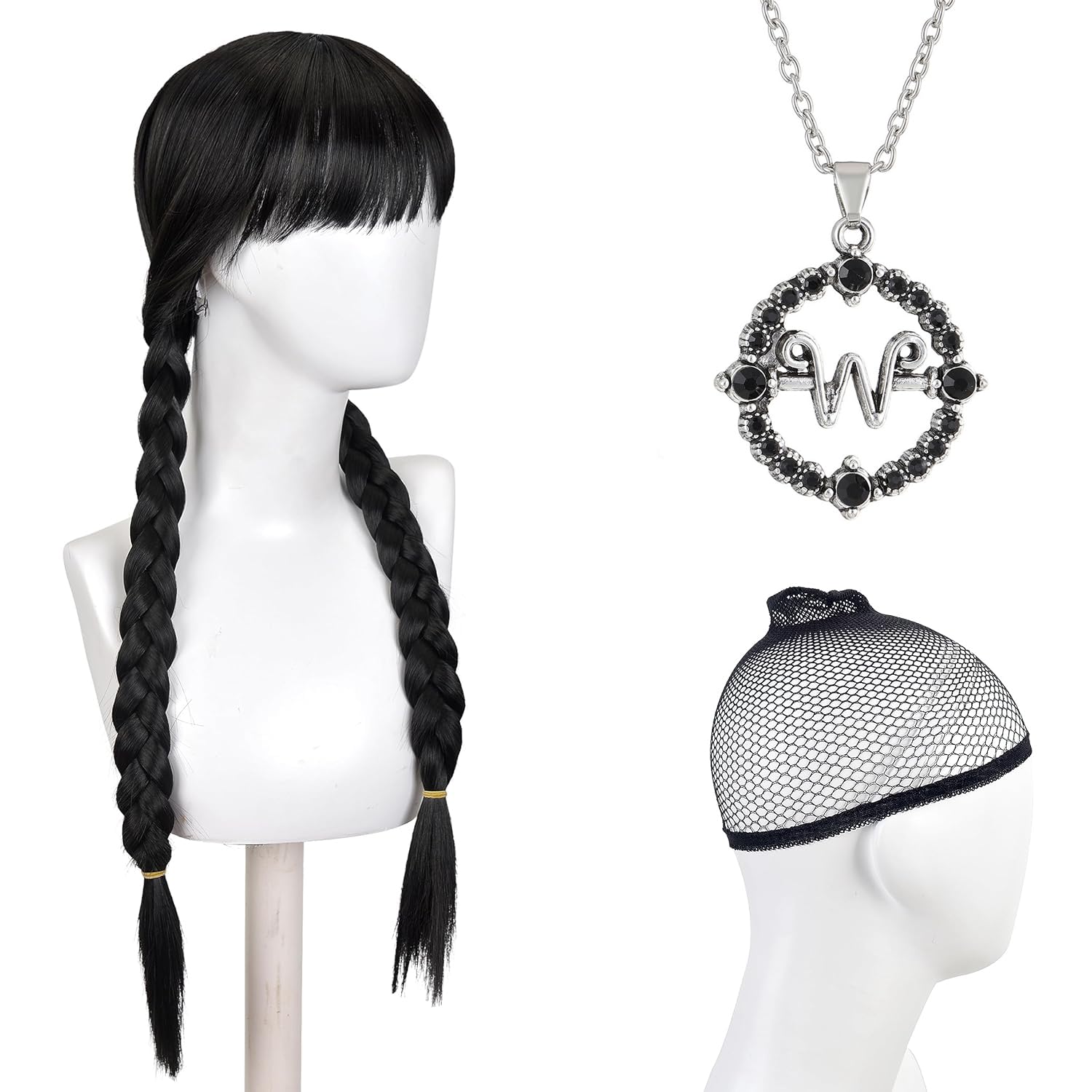 PORSMEER Wednesday Long Braided Wig with Necklace Adams Ghosts Costume Wig for Women Halloween Gothic Costume Hair School Role-Playing Party - Image 2