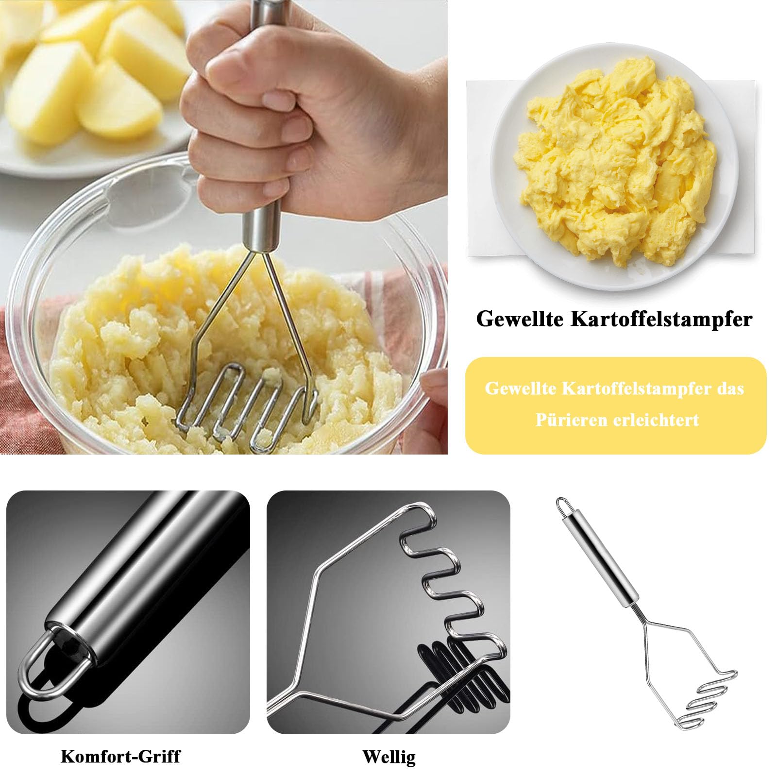 Aardappelstamper, 2 stuks aardappelstamper roestvrij staal, voedselstamper voor groenten en fruit